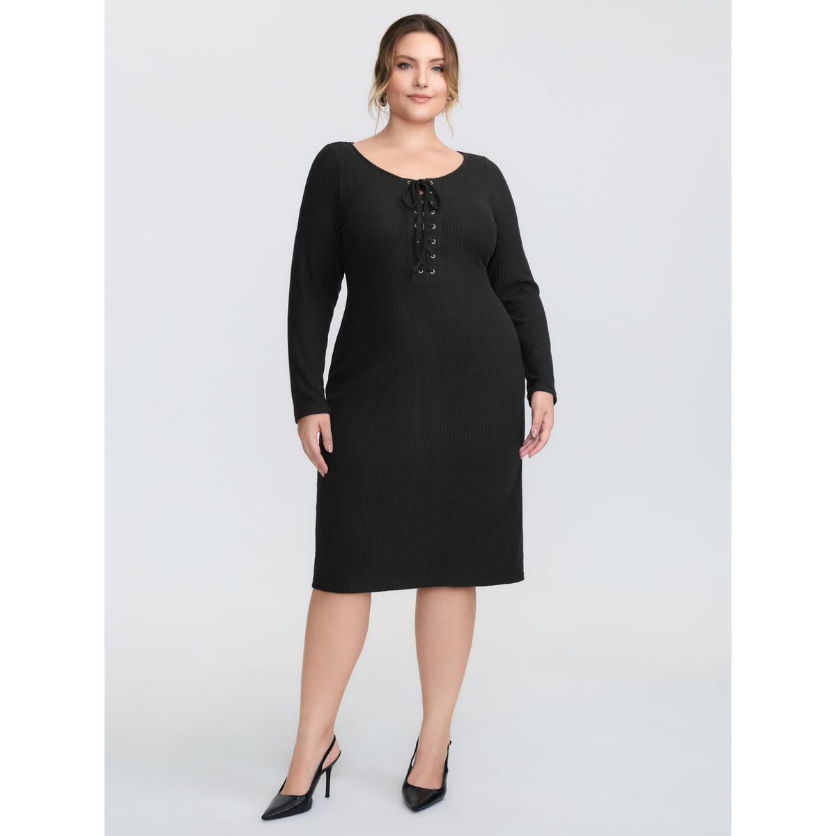 Plus Size Stretchy Round Neck Lace-Up Midi Dress Black Women Timeless Wraparound straps Boat Neck Long Sleeve Curvy BloomChic 18-20/2X Product Image