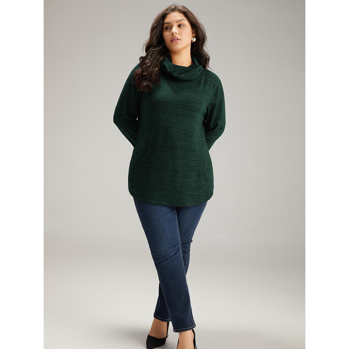 Plus Size Plain Turtleneck Pocket Heather Sweatshirt Women DarkGreen Elegant Plain Turtleneck Dailywear Sweatshirts BloomChic 26/4X Product Image
