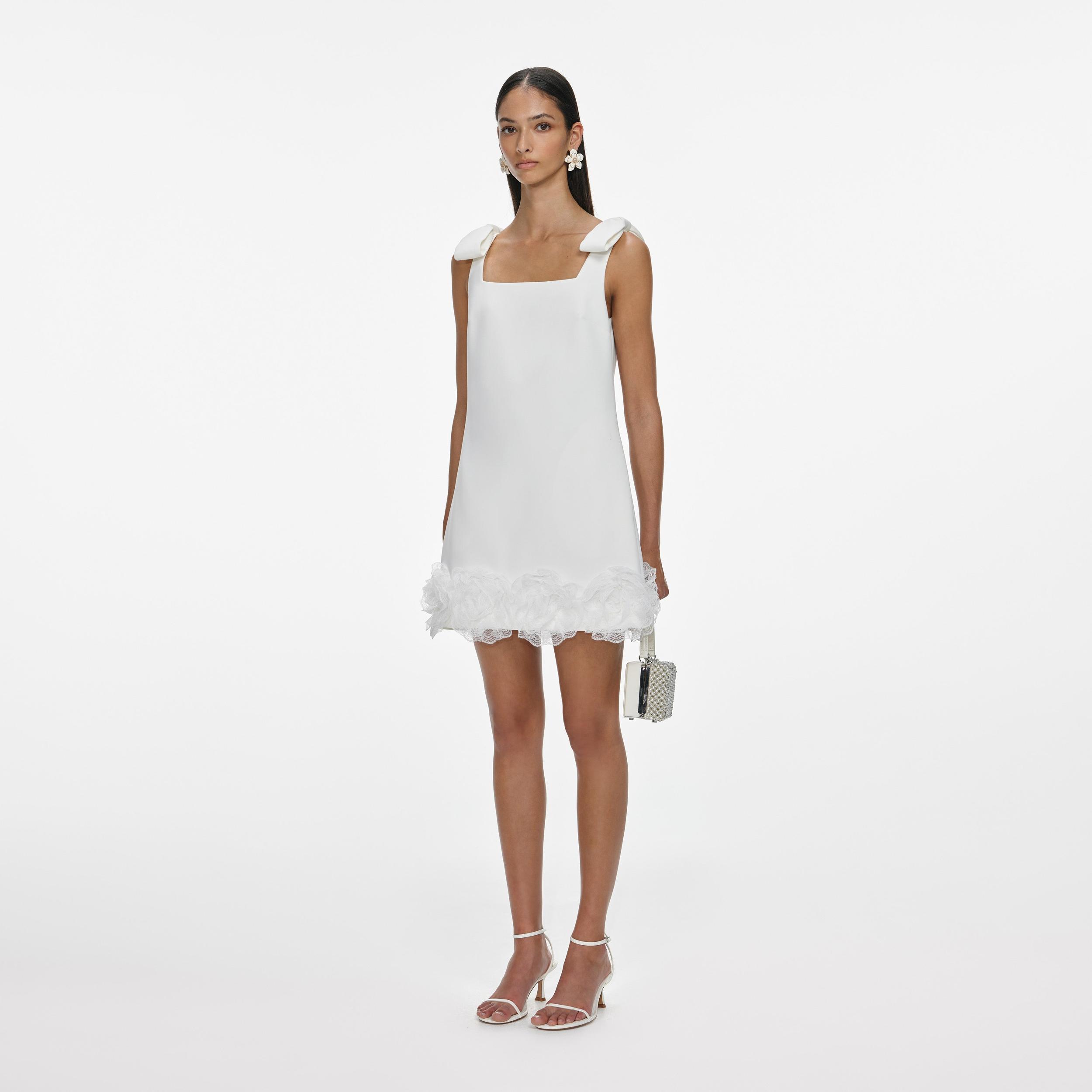 White Crepe 3D Flower Mini Dress Product Image