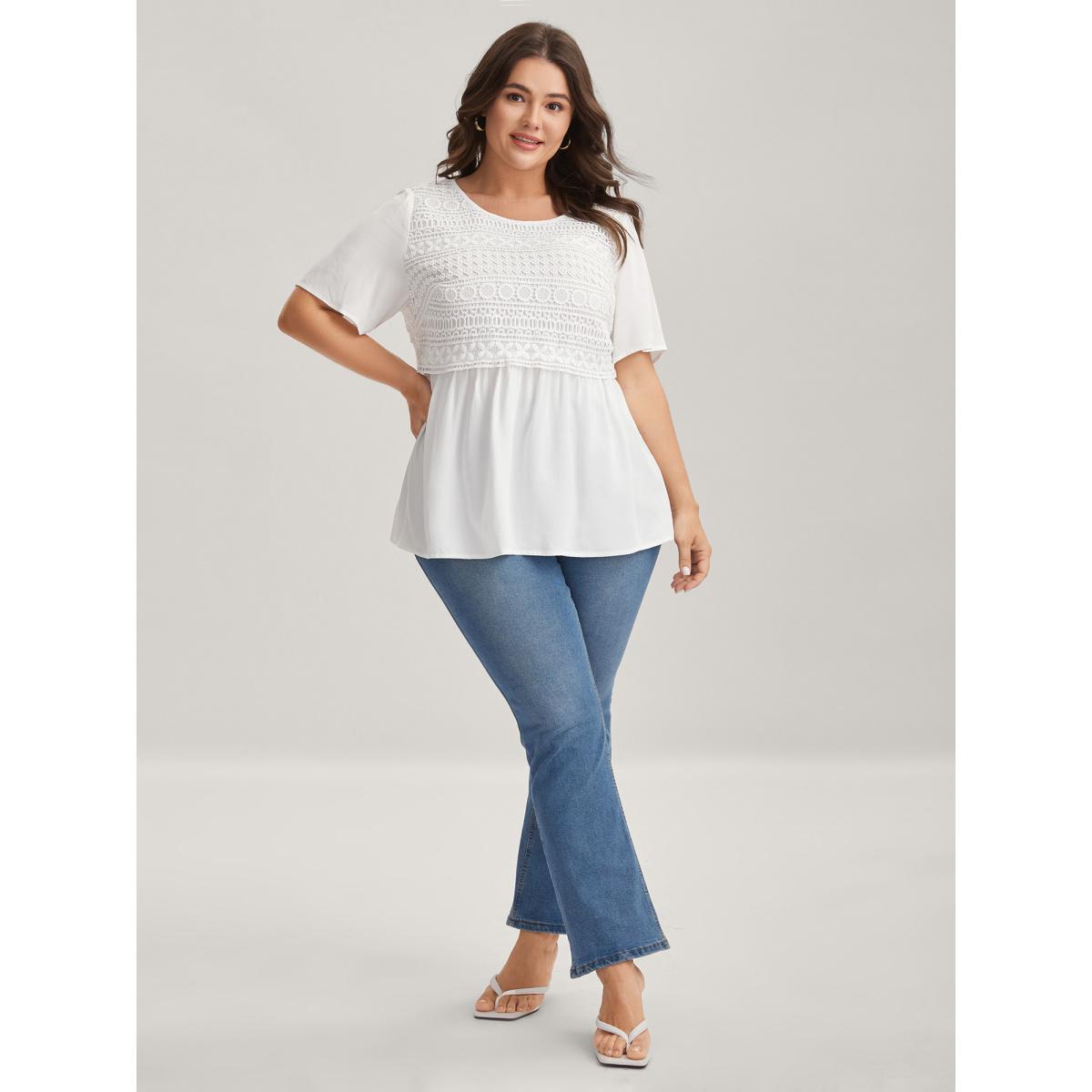 Plus Size Opticwhite Embroidered Textured Lace Babydoll Top Women Timeless Short sleeve Round Neck Elegant Blouses BloomChic 12/L Product Image