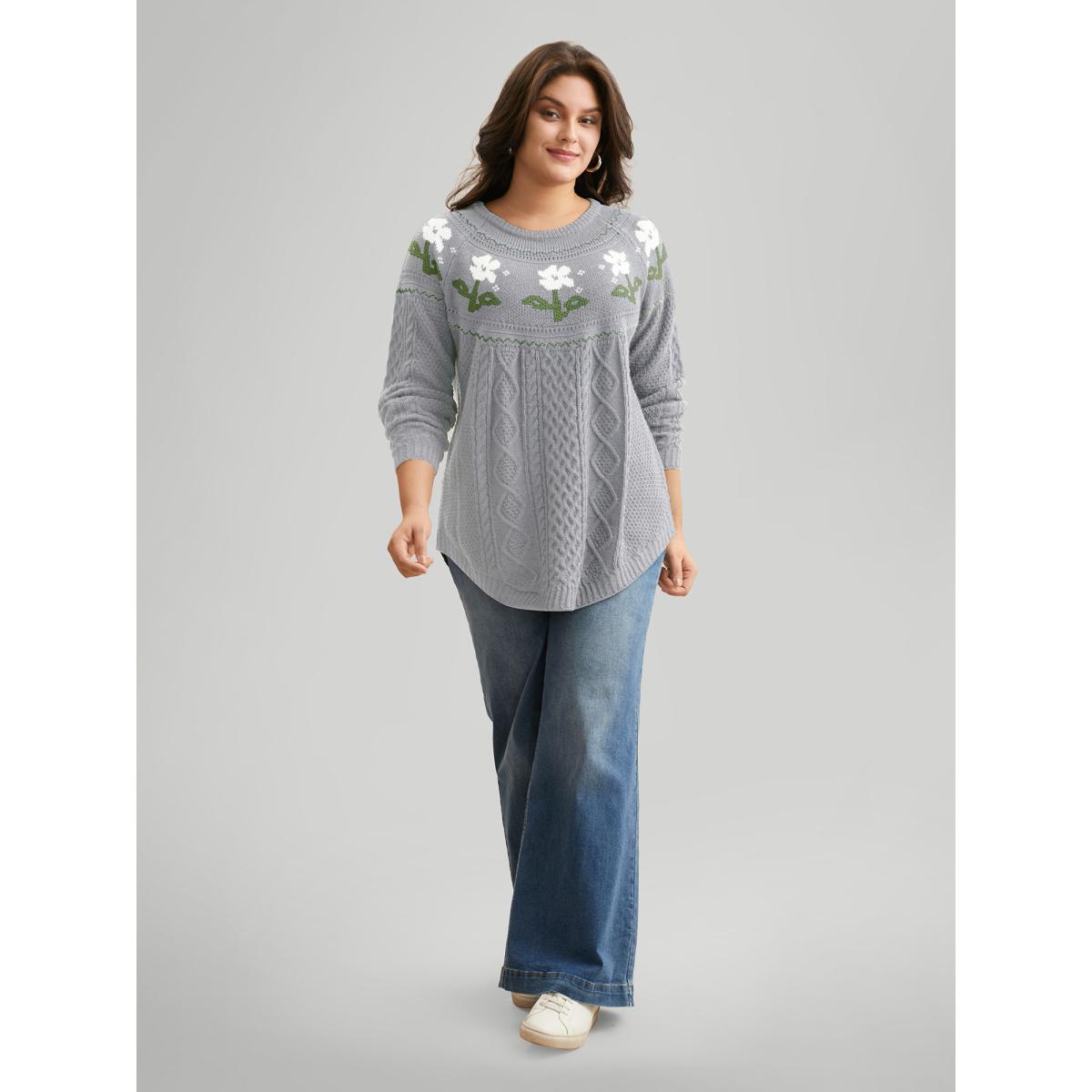 Plus Size Floral Jacquard Raglan Sleeve Pullover LightGray Women Leisure Long Sleeve Round Neck Casual Pullovers BloomChic 28/5X Product Image