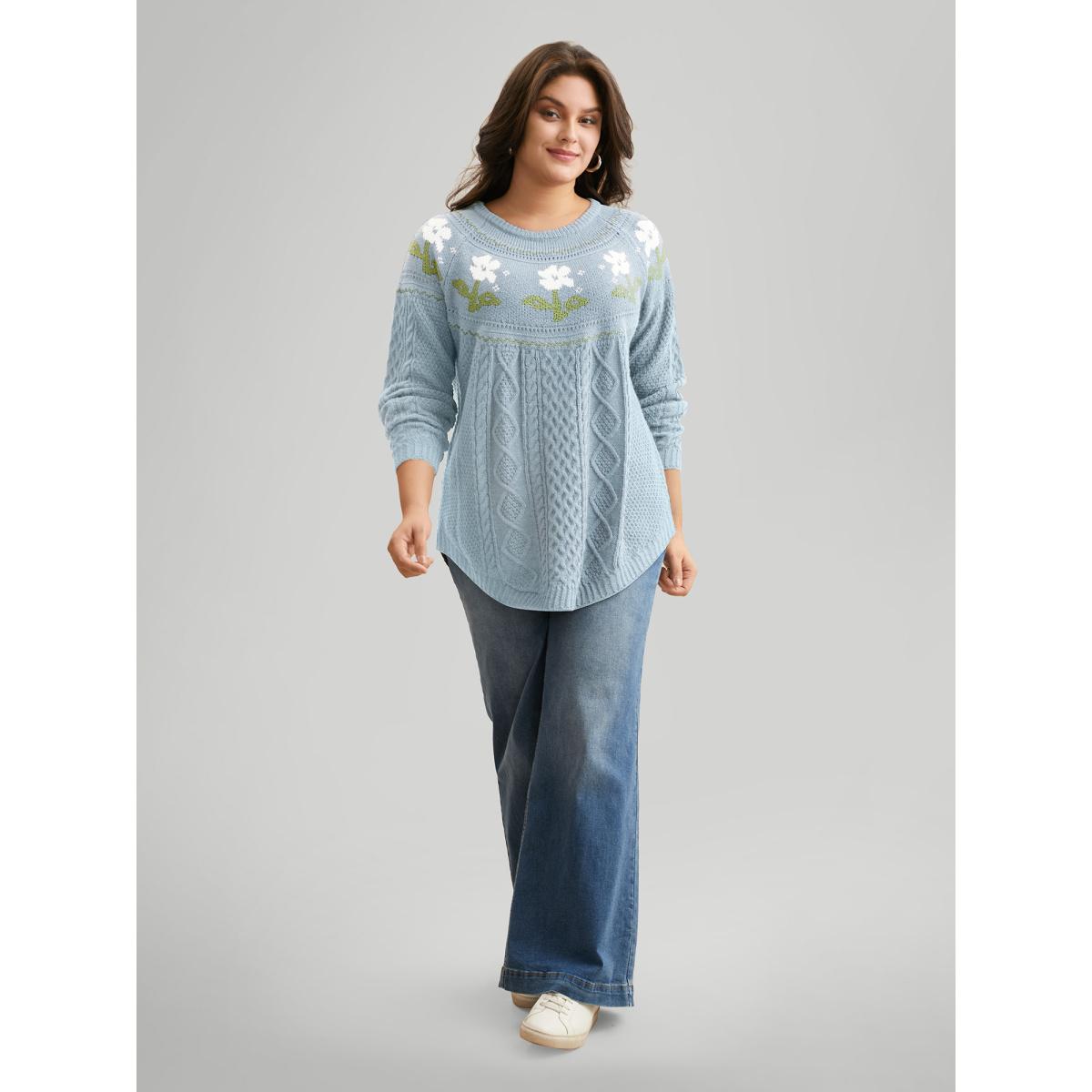 Plus Size Floral Jacquard Raglan Sleeve Pullover LightBlue Women Casual Long Sleeve Round Neck Everyday Pullovers BloomChic 12/L Product Image