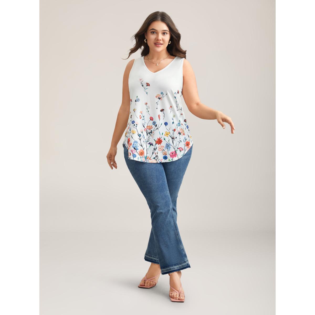 Plus Size Blooming Flowers Print Stretchy Vest Women WhiteSmoke Timeless Non V-neck Elegant Tank Tops Camis BloomChic 18-20/2X Product Image