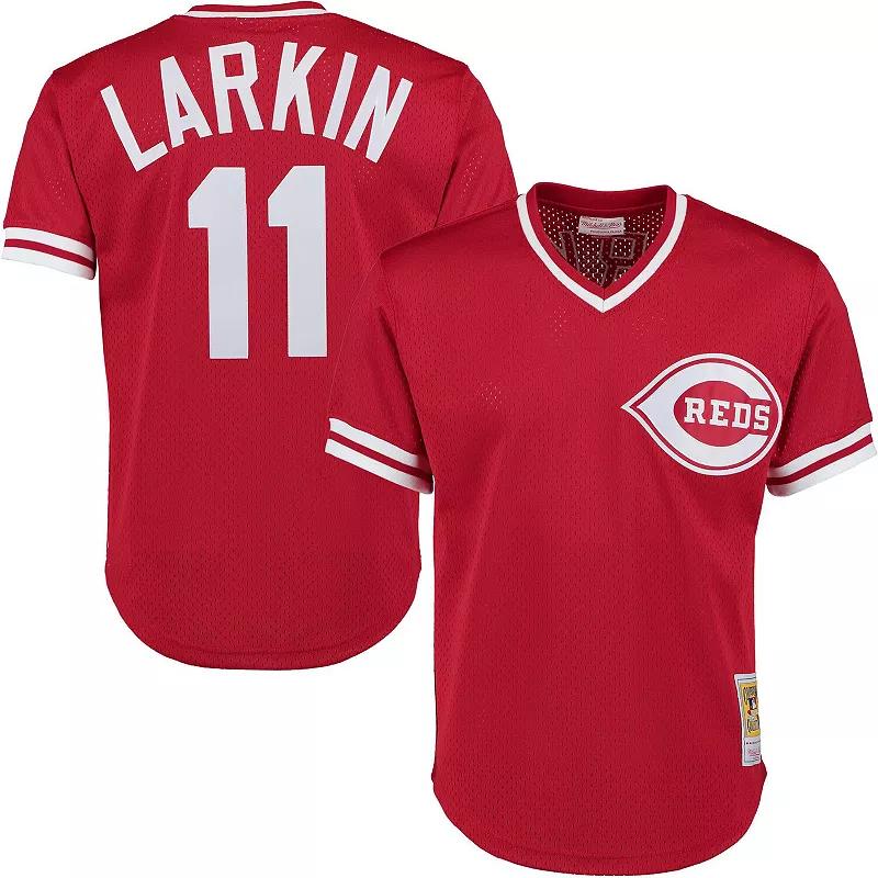 Mens Mitchell & Ness Barry Larkin Red Cincinnati Reds Cooperstown Collection Mesh Batting Practice Button-Up Jersey Product Image