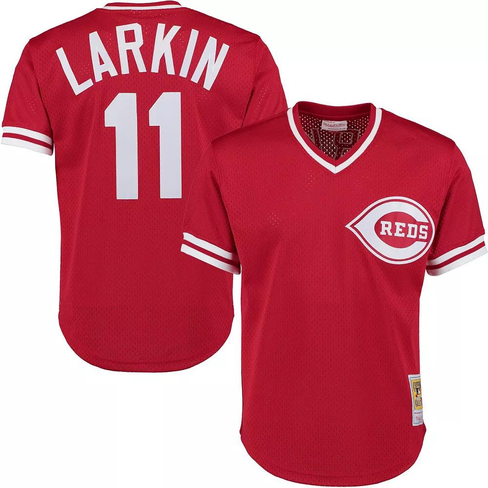 Mens Mitchell & Ness Barry Larkin Red Cincinnati Reds Cooperstown Collection Mesh Batting Practice Button-Up Jersey Product Image
