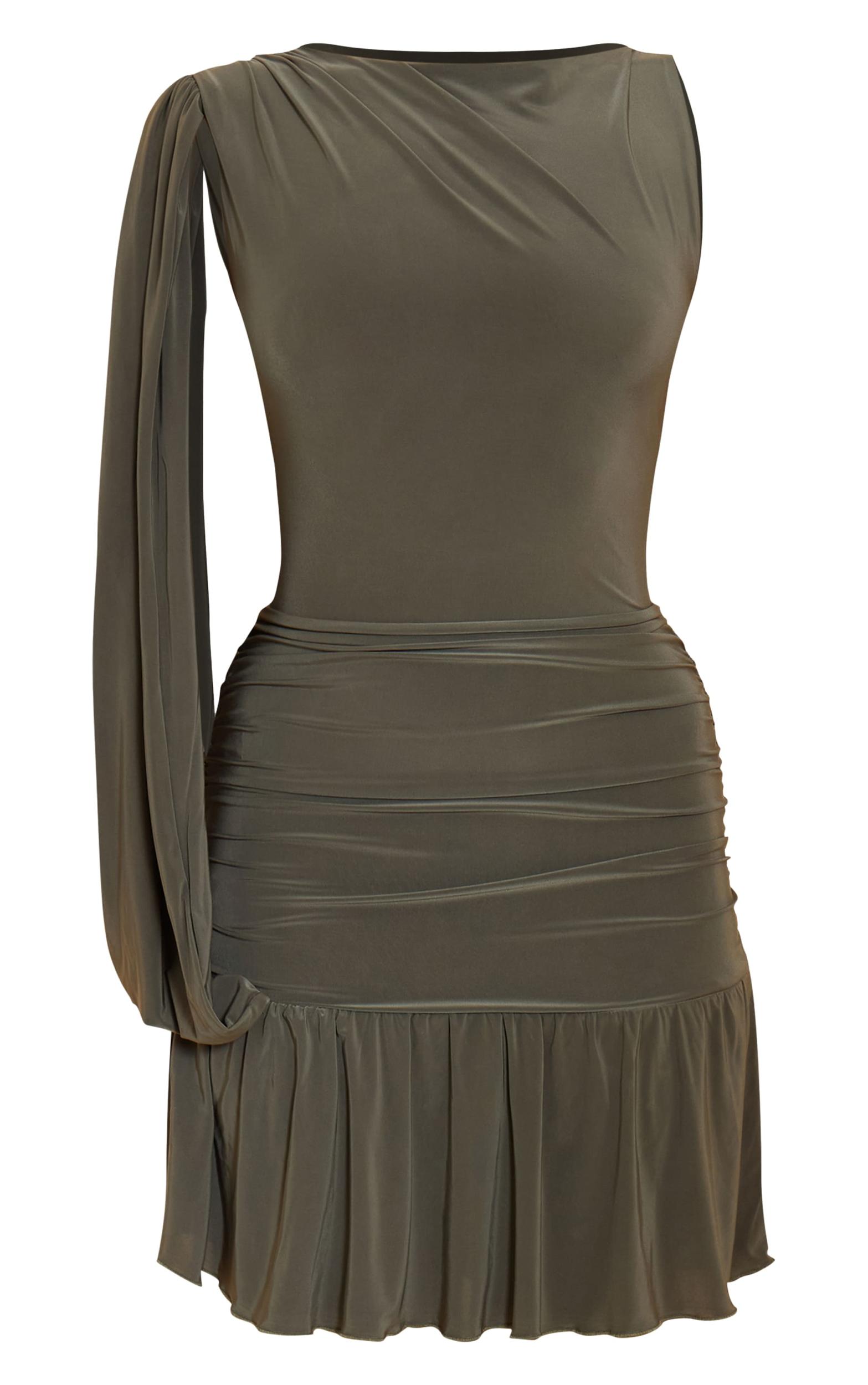 Olive Double Layer Slinky Ruched One Shoulder Mini Dress Product Image
