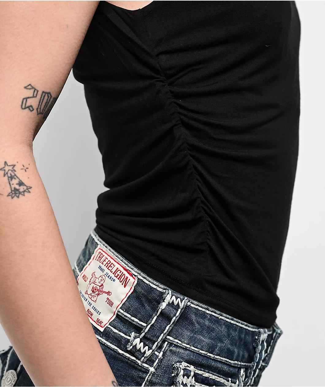 True Religion Asymmetrical Black Crop T-Shirt Product Image