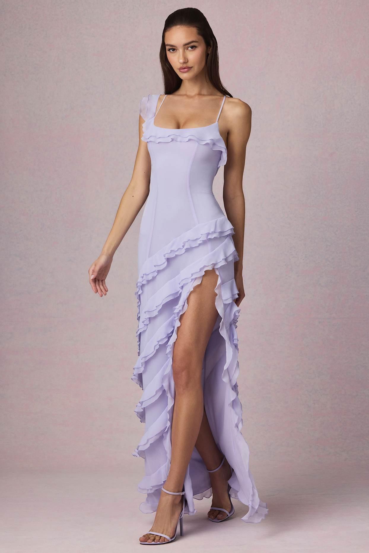 Asymmetric Ruffled Lace-Up Gown in Lilac Product Image
