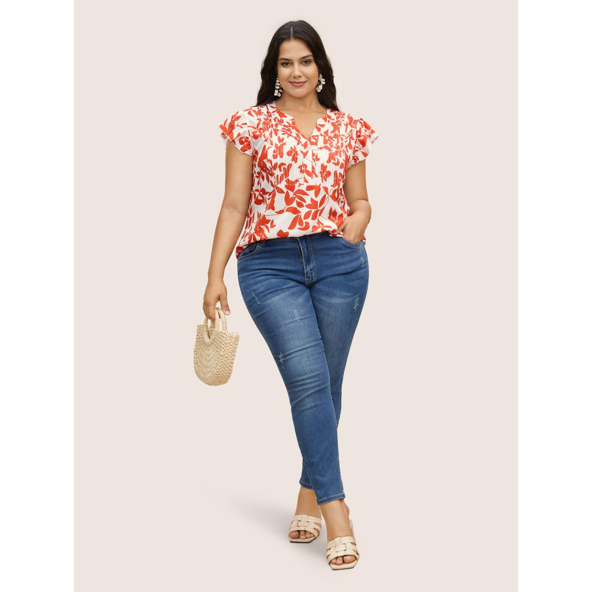 Plus Size OrangeRed Silhouette Floral Print Notched Collar Pleated Blouse Women Resort Cap Sleeve Notched collar Vacation Blouses BloomChic 12/L Product Image