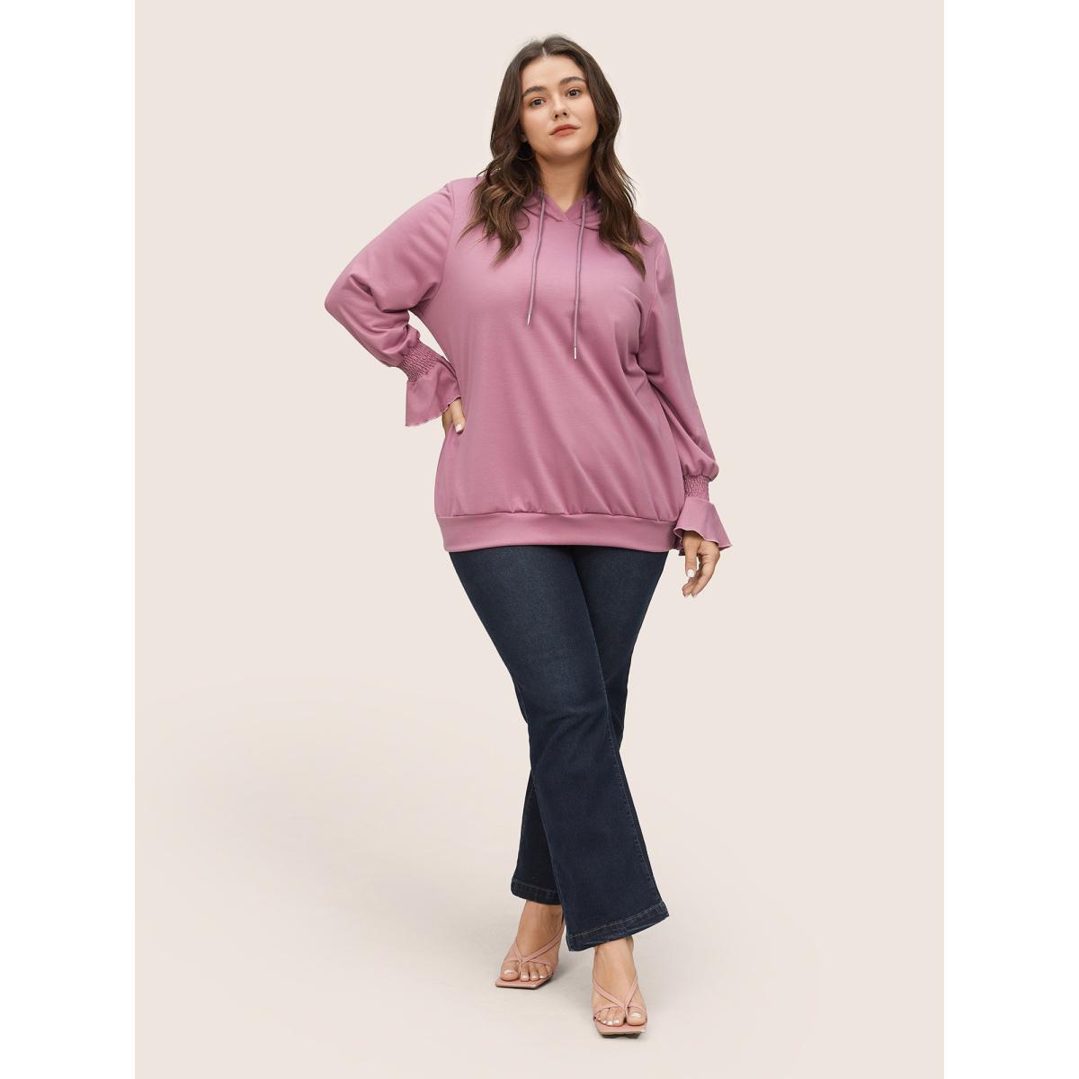 Plus Size Solid Shirred Flounces Hooded Sweatshirt Women DustyPink Casual Plain Hooded Everyday Sweatshirts BloomChic 30/6X Product Image
