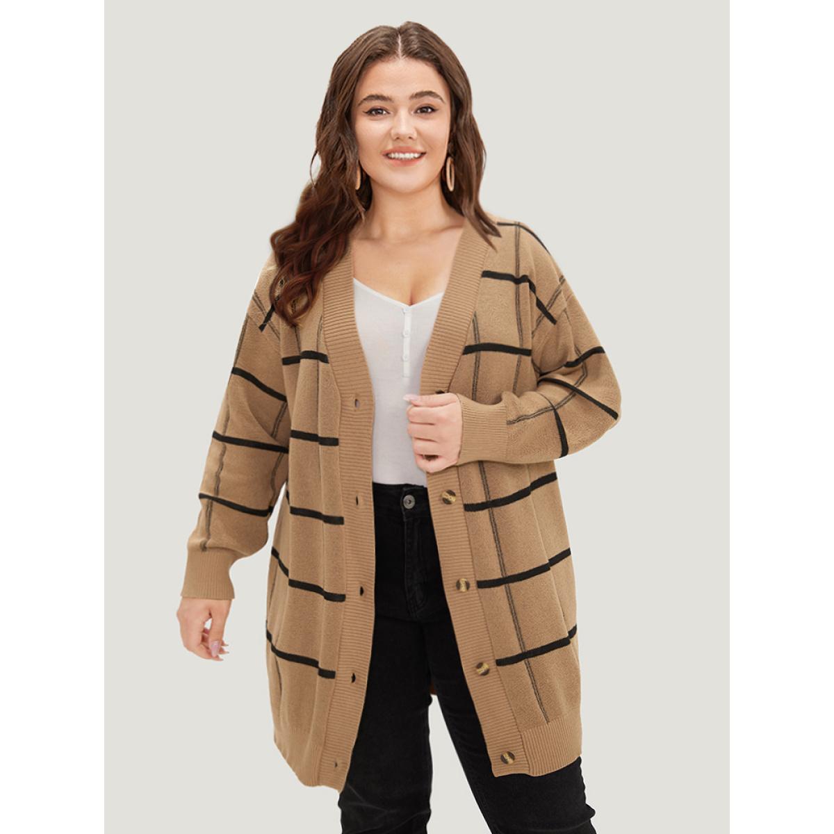 Plus Size Plaid Striped Button Through Cardigan Tan Women Casual Loose Long Sleeve Everyday Cardigans BloomChic 22-24/3X Product Image