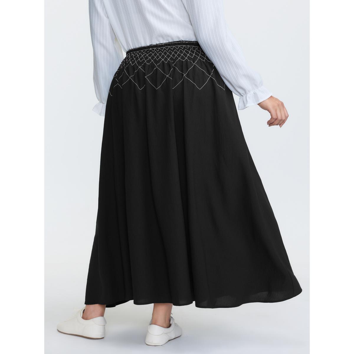 Plus Size Crisscross Waistband Shirred Midi Dress Women Black Leisure Shirred Loose No stretch Side seam pocket Casual Skirts BloomChic 12/L Product Image