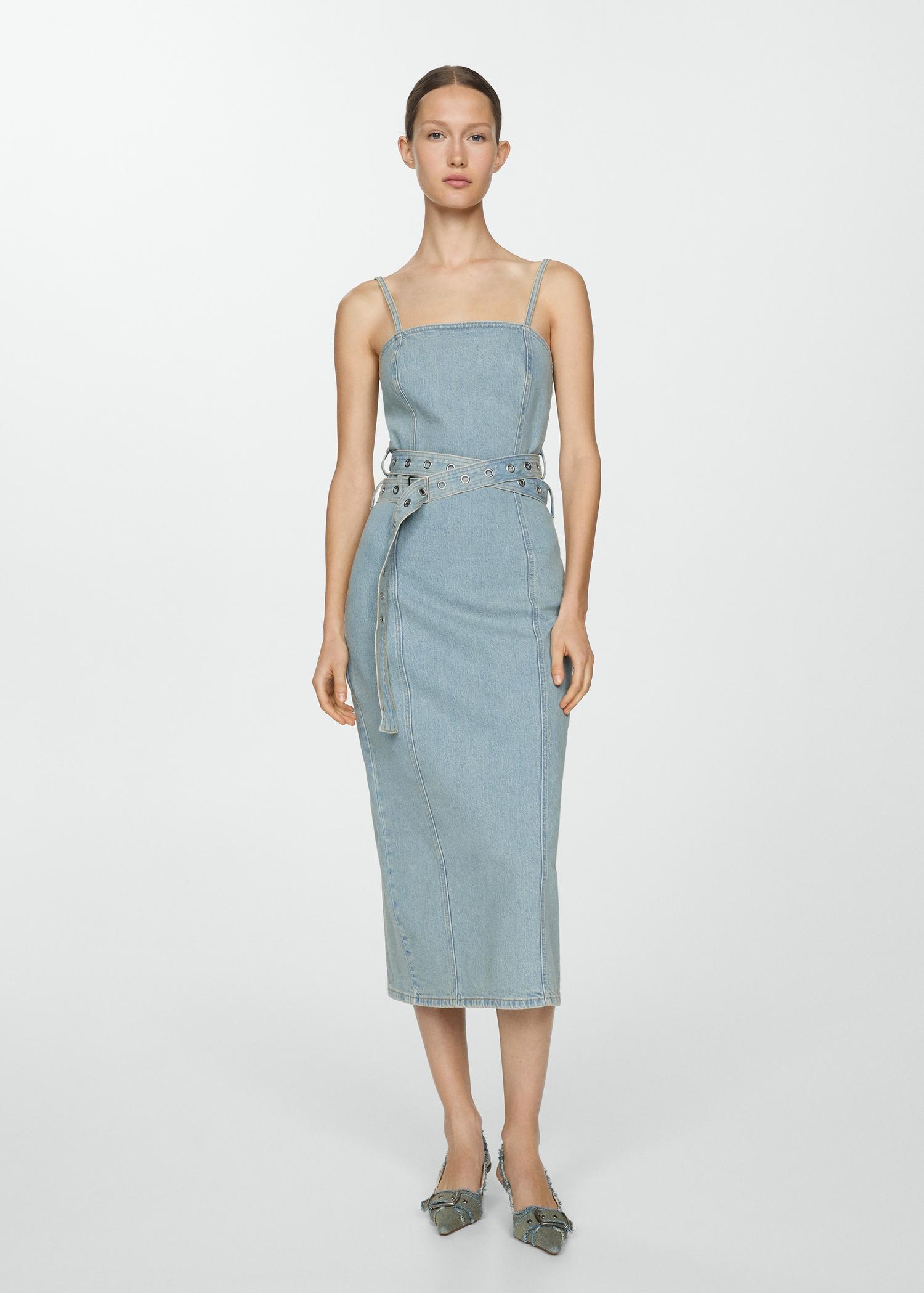 Denim dress with belt - Women | MANGO USA Product Image
