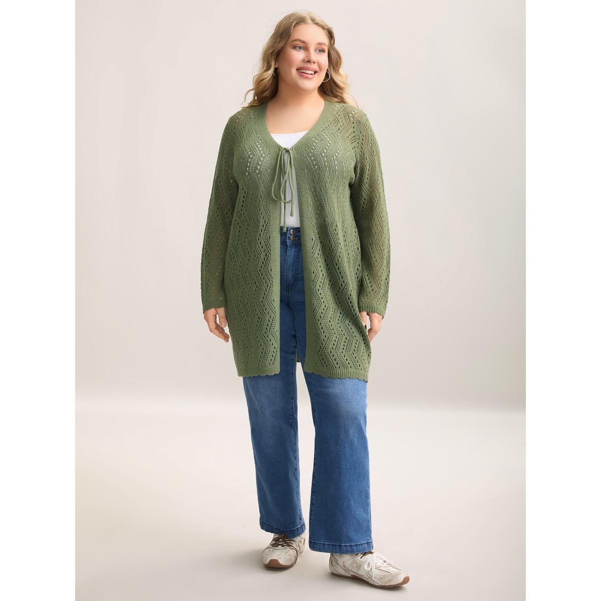 Plus Size Eyelet Trim Front Mid Tie Knit Cardigan Moss Women Casual Loose Long Sleeve Everyday-Casual Cardigans BloomChic 12/L Product Image