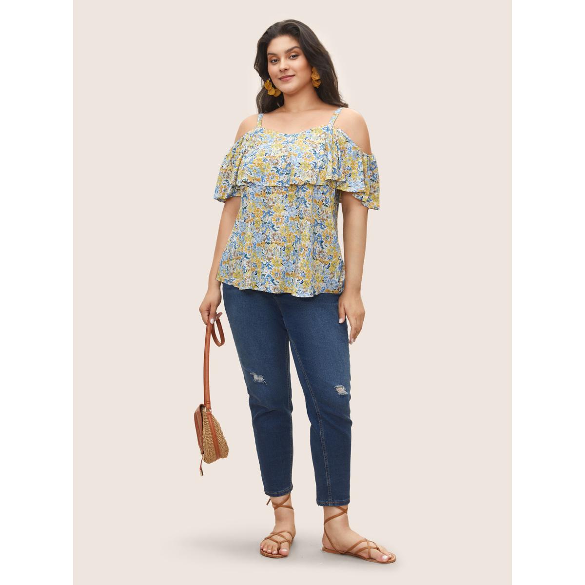 Plus Size Blue Floral One Shoulder Neck Adjustable Straps Blouse Women Resort Short sleeve One-shoulder neck Vacation Blouses BloomChic 26/4X Product Image