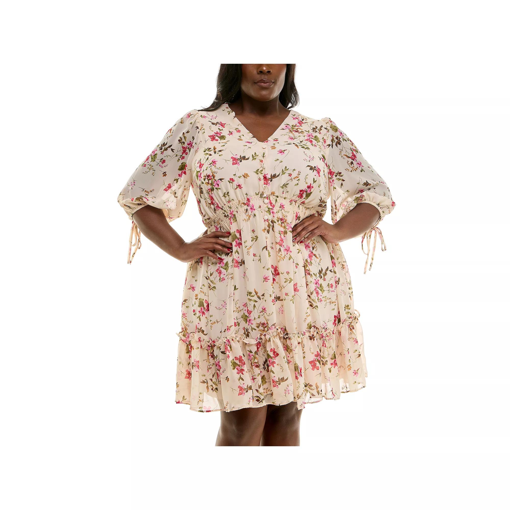 Plus Size Taylor V-Neck Fit & Flare Floral Mini Dress, Women's, Size: 18 - Regular, Bisque Melon Product Image