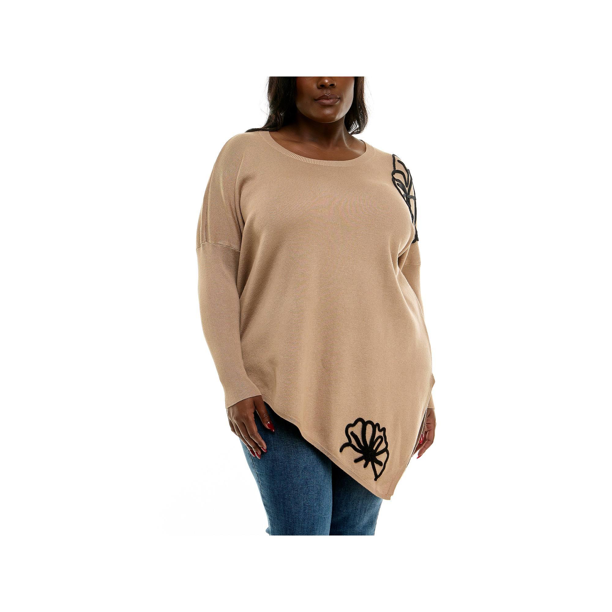 Plus Size Nina Leonard Oversized Floral Pattern Sweater, Women's, Size: 2XL, Black Ivory Product Image