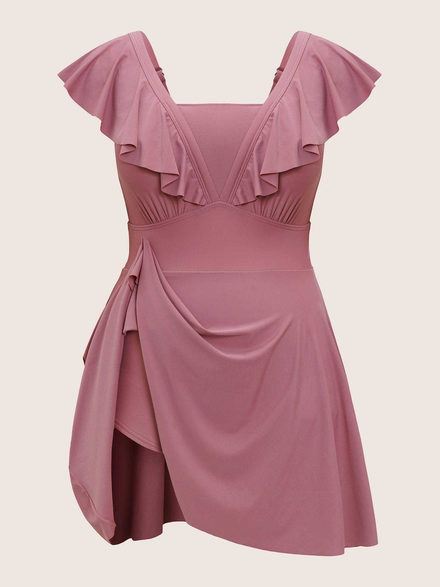 Solid Flutter Trim A Line Swim Dress Female Product Image