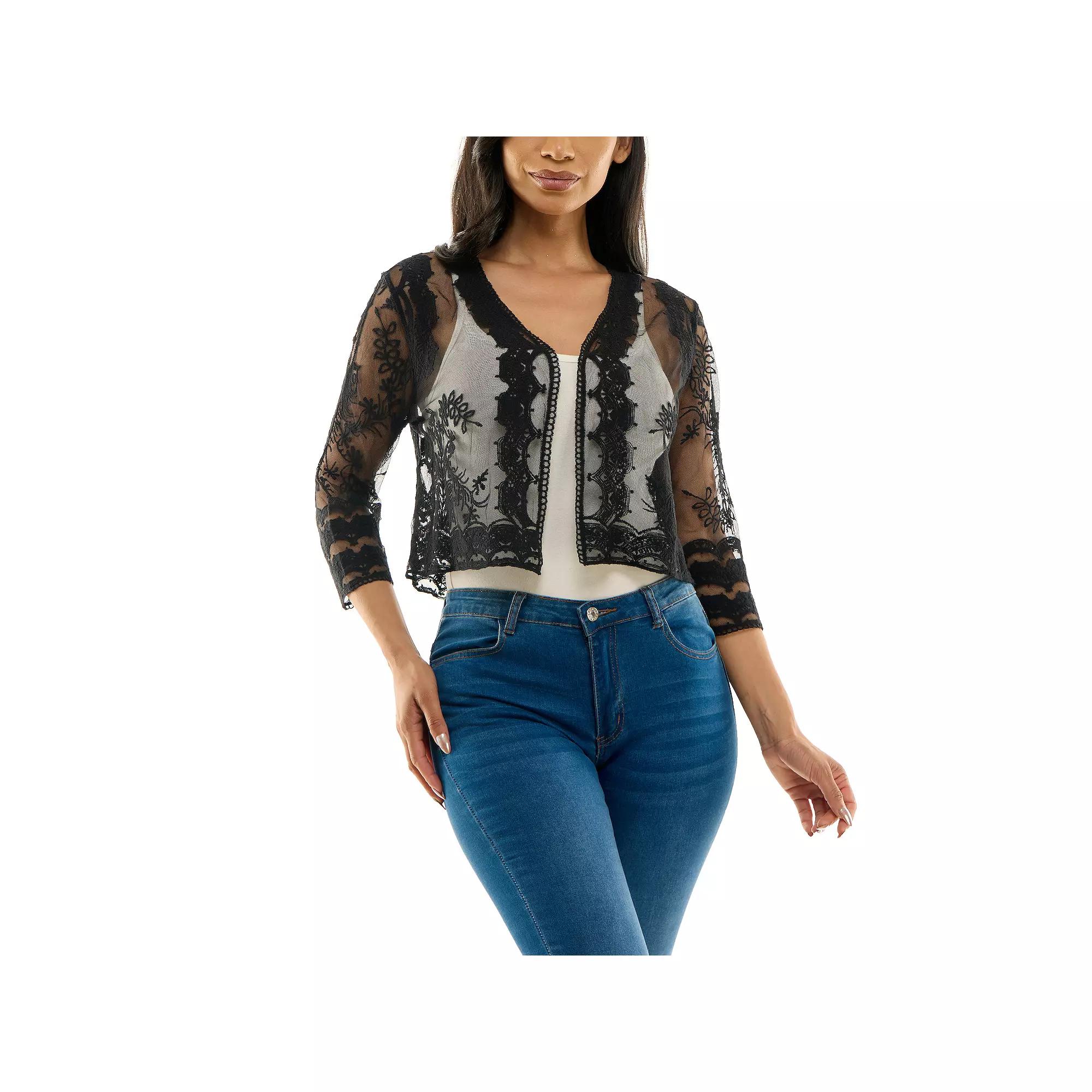 Women's Nina Leonard Embroidered Sheer Tulle Bolero, Size: Medium, Black Product Image