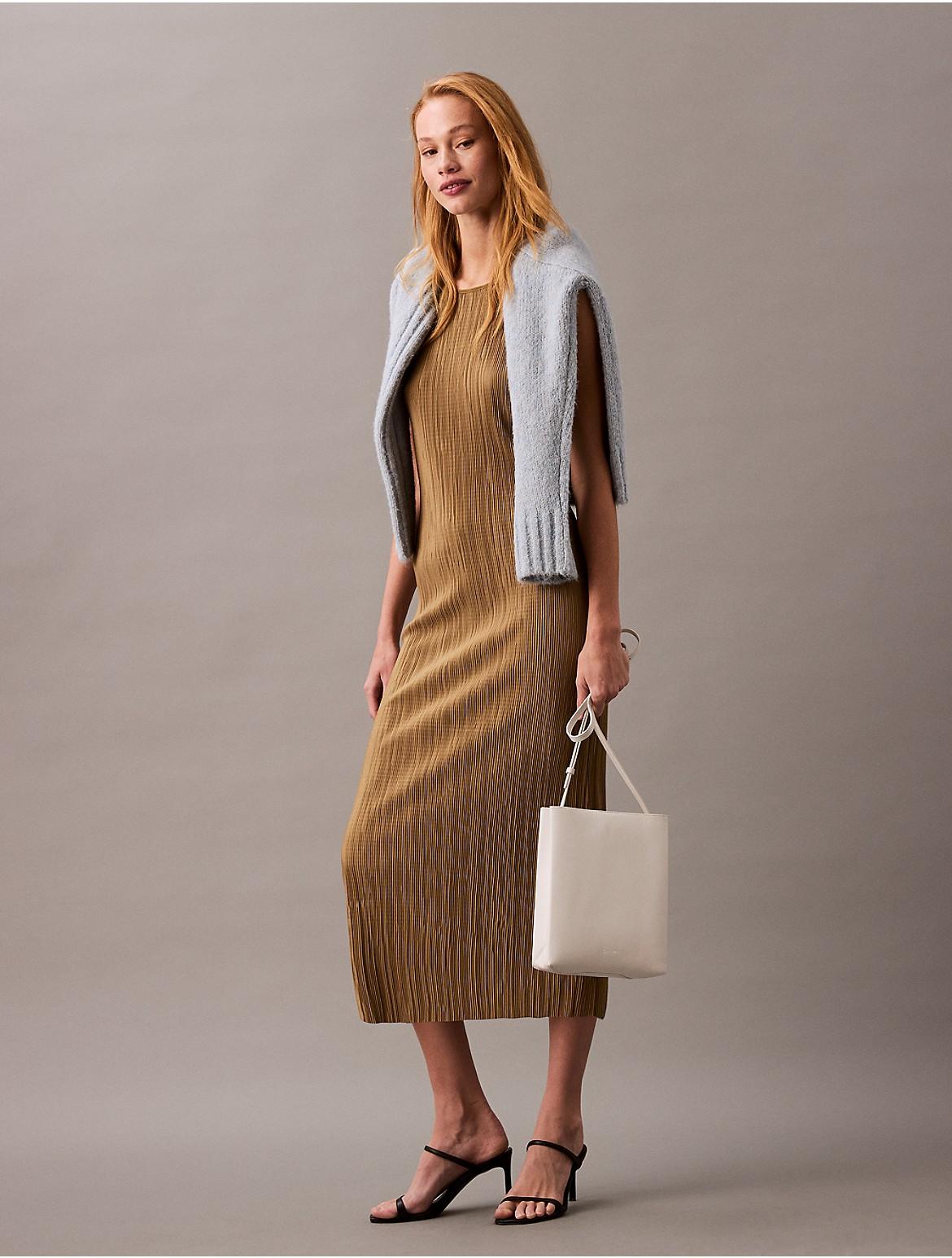 Calvin Klein Women's Plisse Sleeveless Midi Dress - Yellow - L Product Image