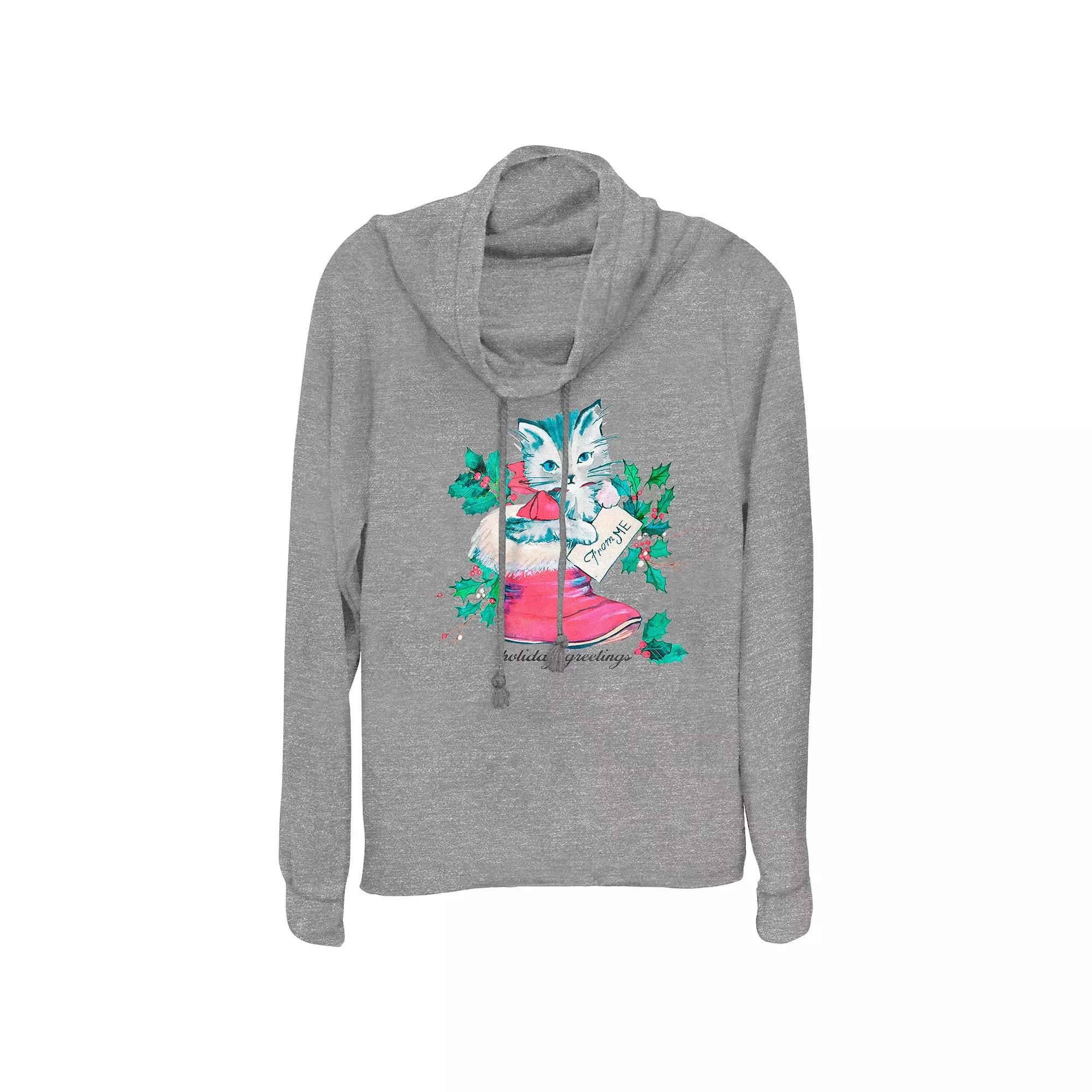 Women's Holiday Greetings Christmas Kitty Stocking Stuffer Cowlneck Graphic Lightweight Long Sleeve,  Product Image