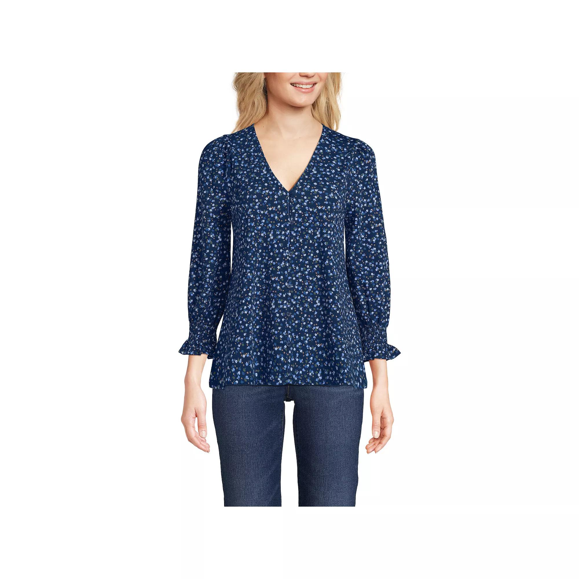 Women's Lands' End 3/4 Sleeve Lightweight Jersey Button Front Top,  Product Image