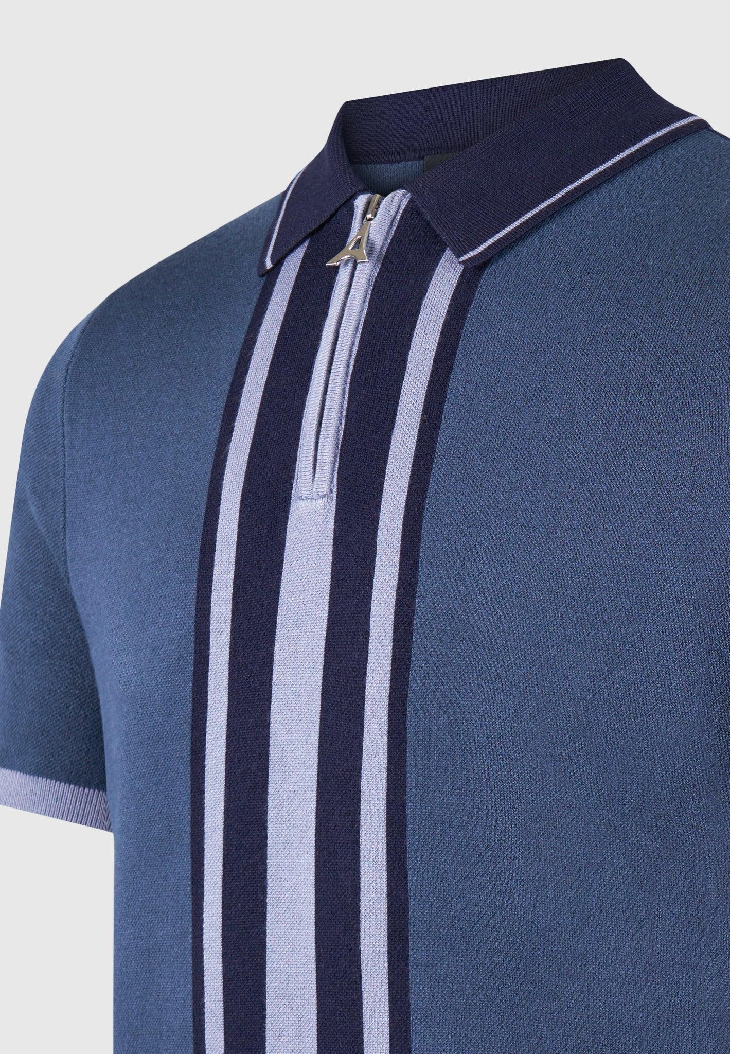 Contrast Border Knit Zip Polo Shirt - Blue Male Product Image