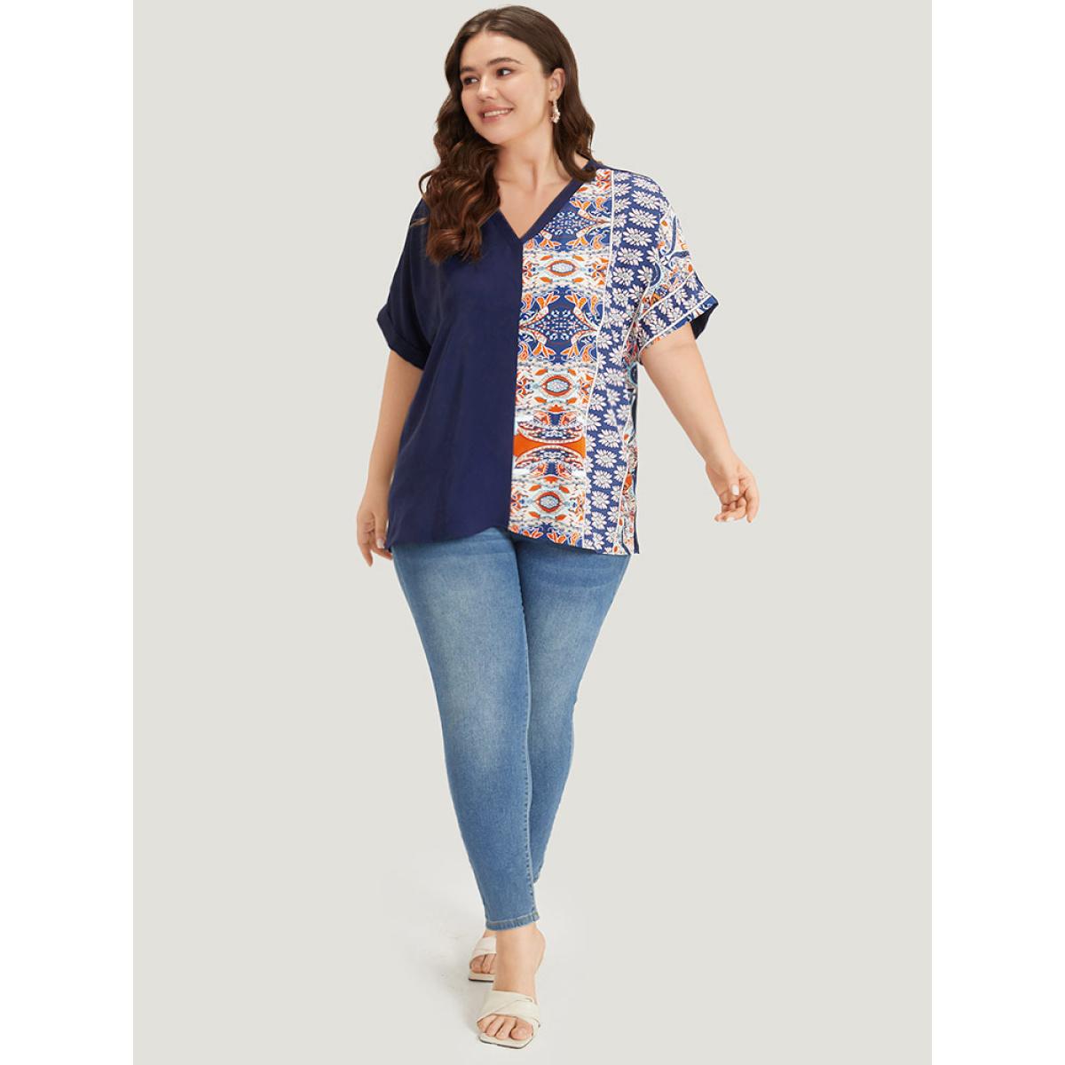 Plus Size Indigo Bandana Print Patchwork Contrast Roll Batwing Sleeve Blouse Women Vacation Short sleeve V-neck Dailywear Blouses BloomChic 28/5X Product Image