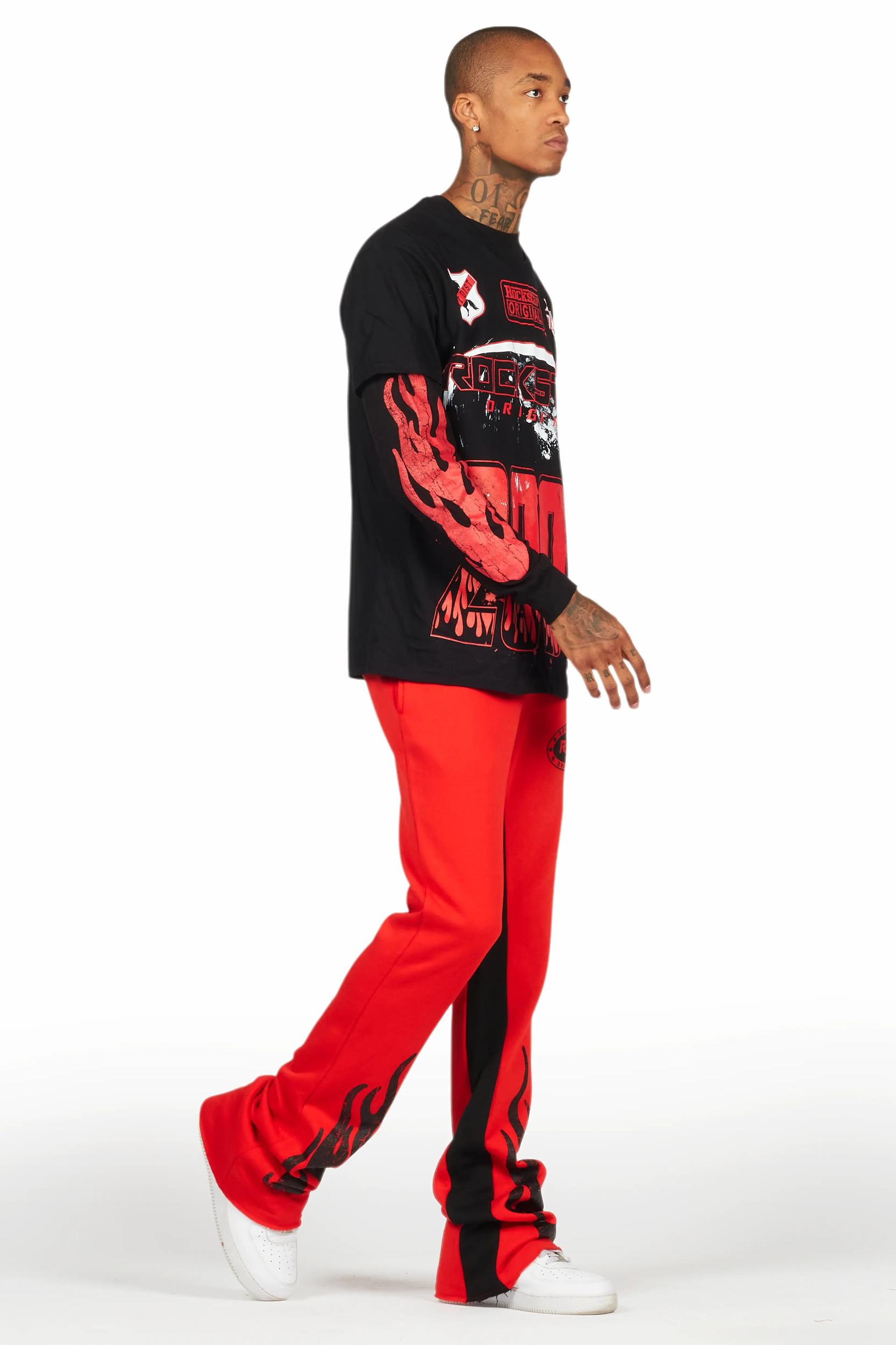 Amos Black/Red Double Layer T-Shirt/Stacked Baggy Pant Set Male Product Image