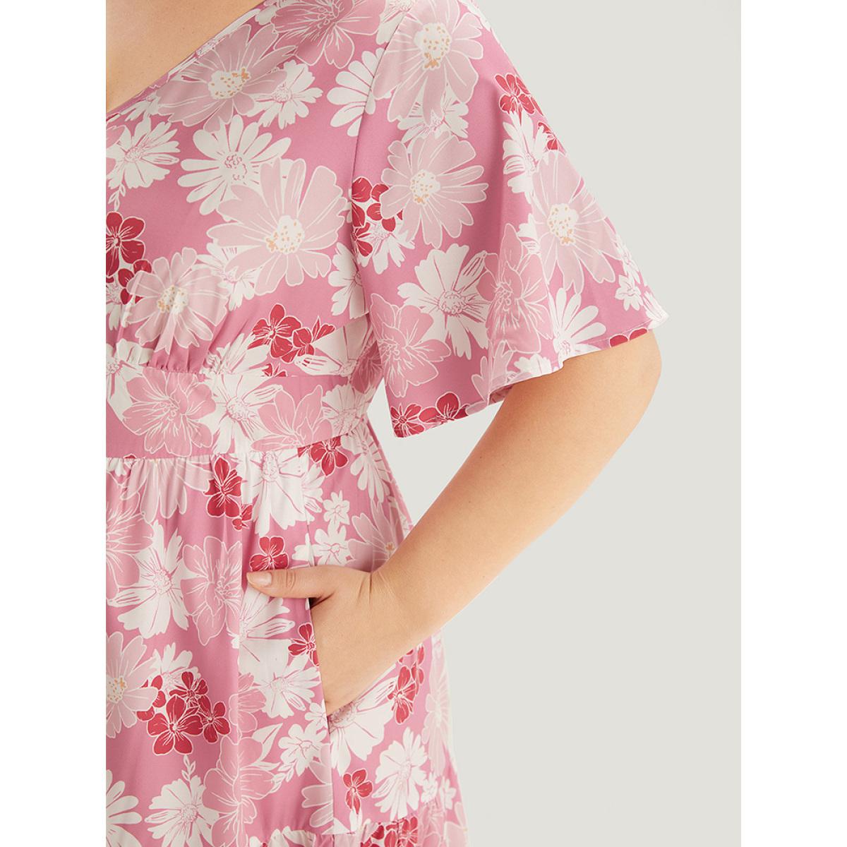 Plus Size Floral Print Pocket V Neck Patchwork Dress Pink Women Elegant Printed V-neck Short sleeve Curvy Midi Dress BloomChic 28/5X Product Image