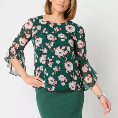 Black Label by Evan-Picone Floral Womens Crew Neck 3/4 Sleeve Blouse Product Image