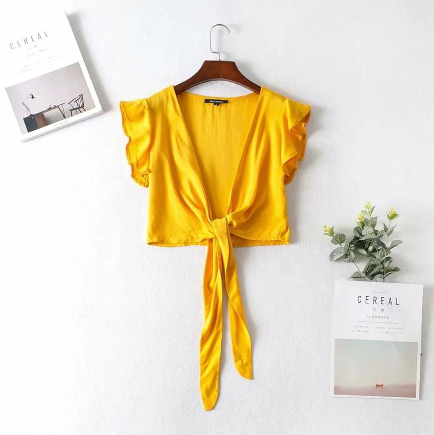 Sleeveless V-Neck Plain Ruffle Tie Front Crop Top Product Image