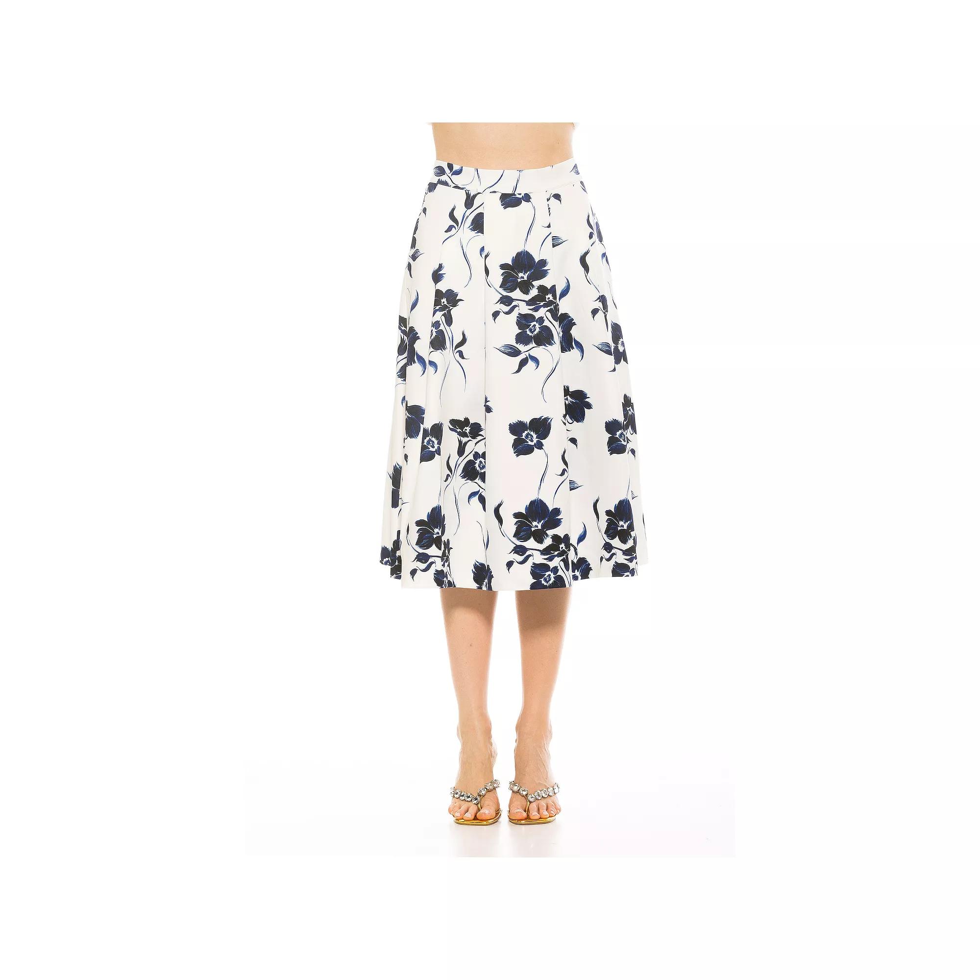 Women's ALEXIA ADMOR Illia Pleated Midi Skirt, Size: 8, Blue Floral Product Image