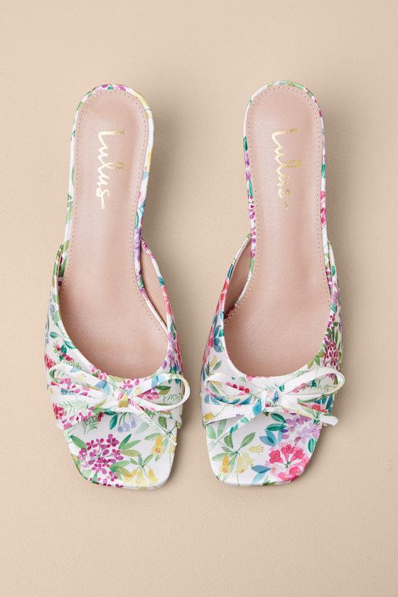 Gilzean White Multi Floral Satin Bow High Heel Slide Sandals Product Image