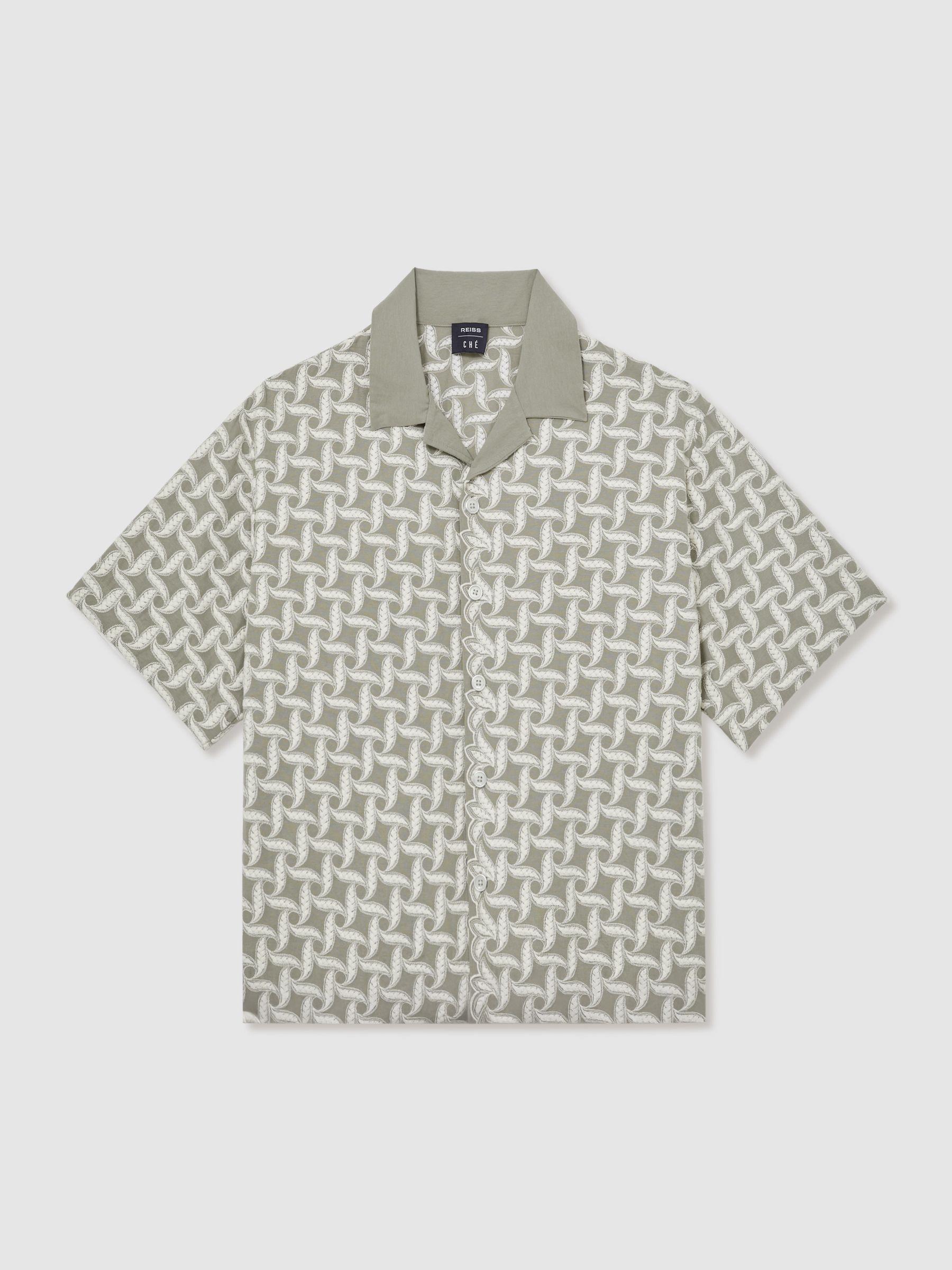 Reiss | Ché Motif-Embroidered Shirt in Sage/White Product Image