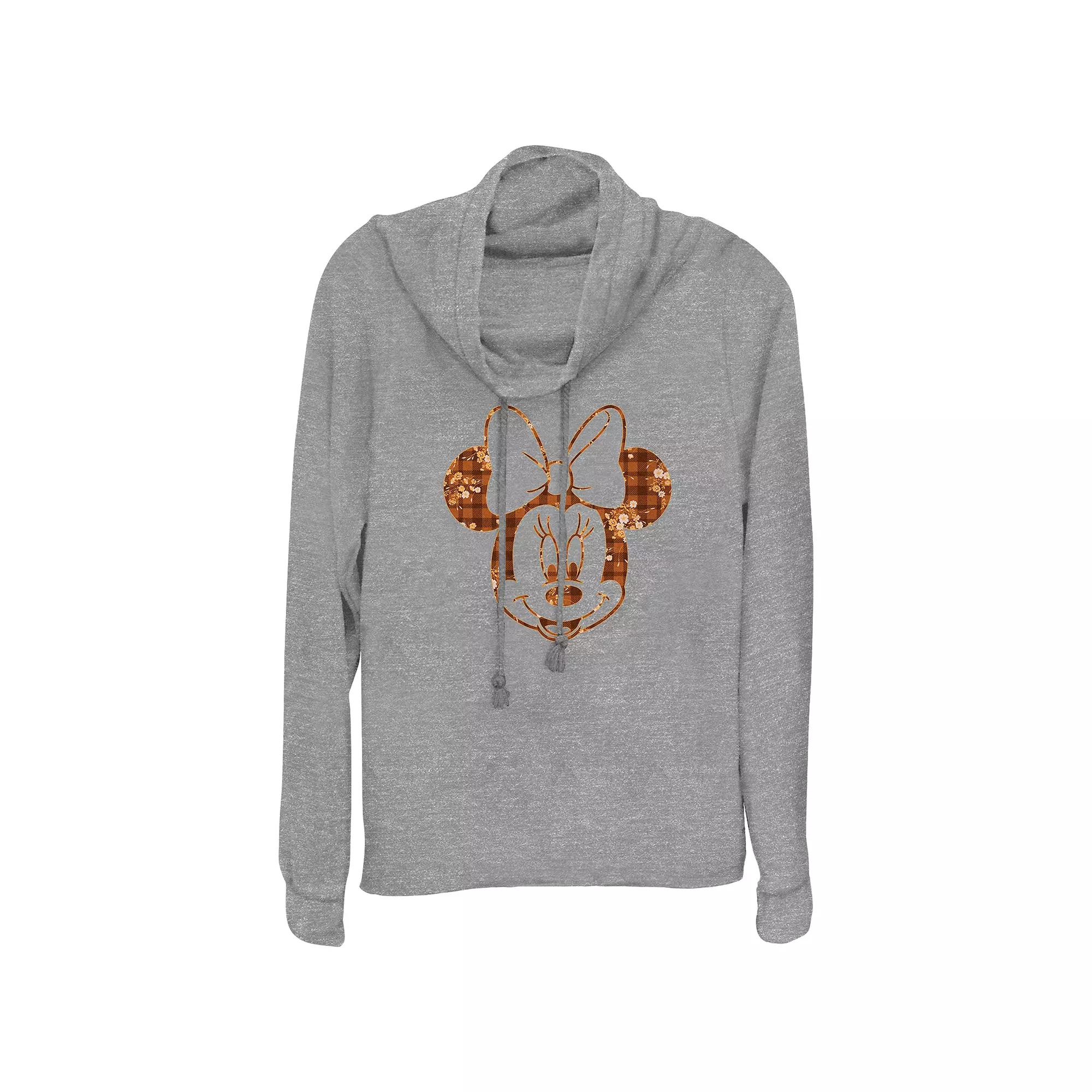 Disney's Minnie Mouse Plaid Floral Print Women's Cowlneck Graphic Lightweight Long Sleeve,  Product Image