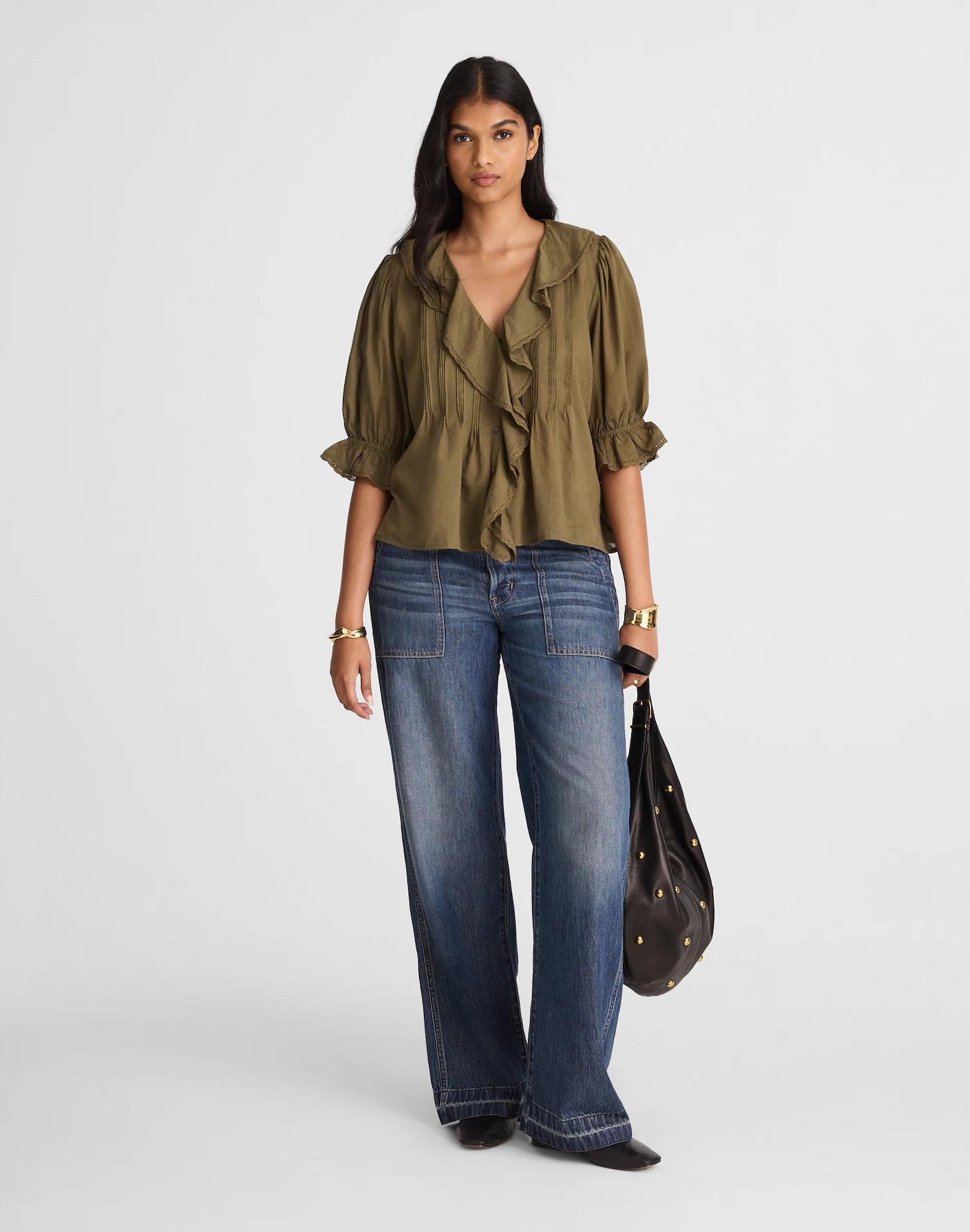 Pintucked Ruffled Puff-Sleeve Top Product Image