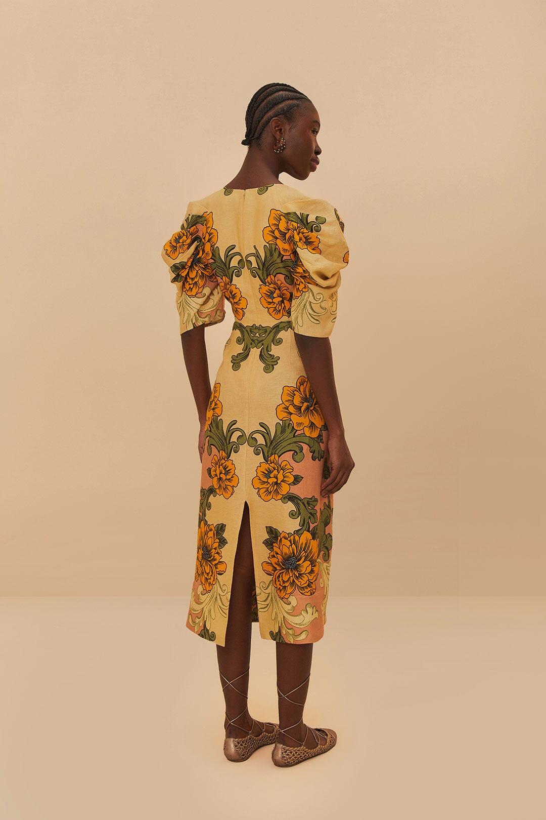 Cream Delicate Flower Arabesques Euroflax™ Premium Linen Midi Dress Product Image