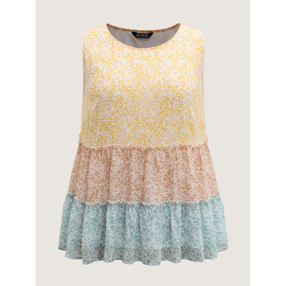Plus Size Chiffon Color Block Tiered Tank Top Women Multicolor Timeless Gathered Round Neck Elegant Tank Tops Camis BloomChic 26/4X Product Image