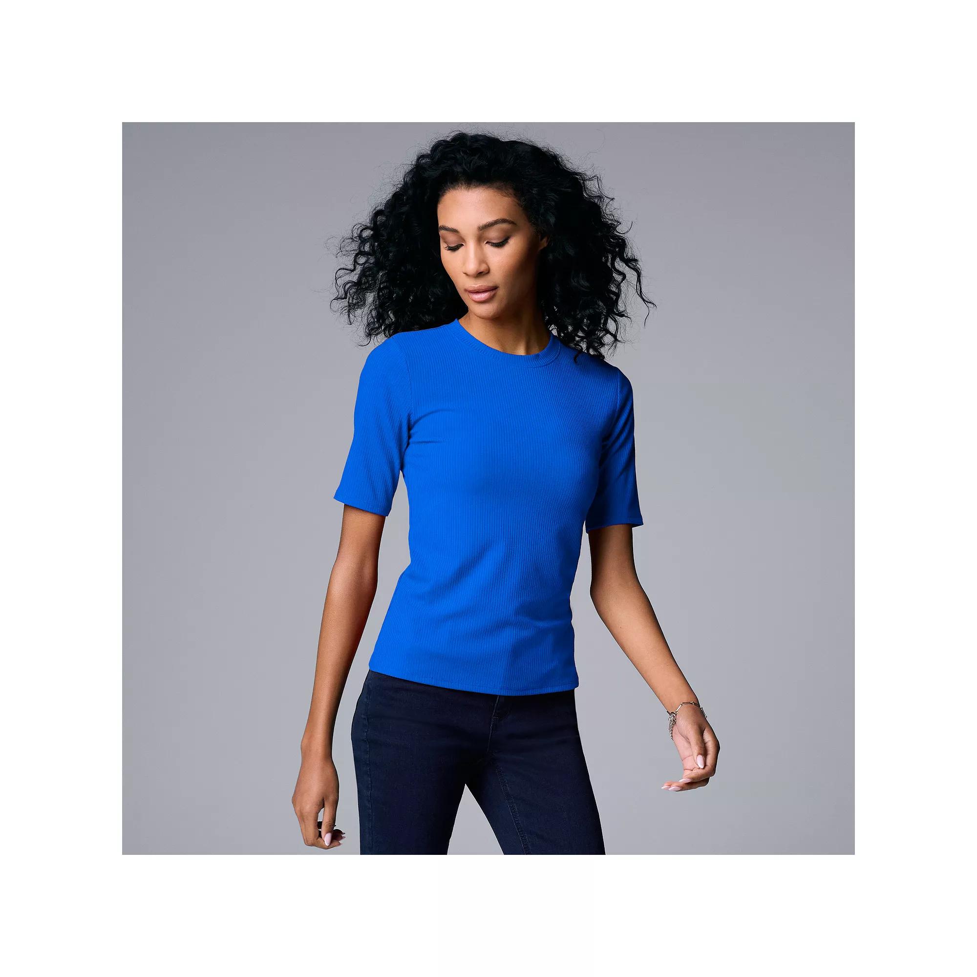 Women's Simply Vera Vera Wang Ribbed Fitted Elbow Sleeve Tee, Size: Large, Wilder Blue Product Image