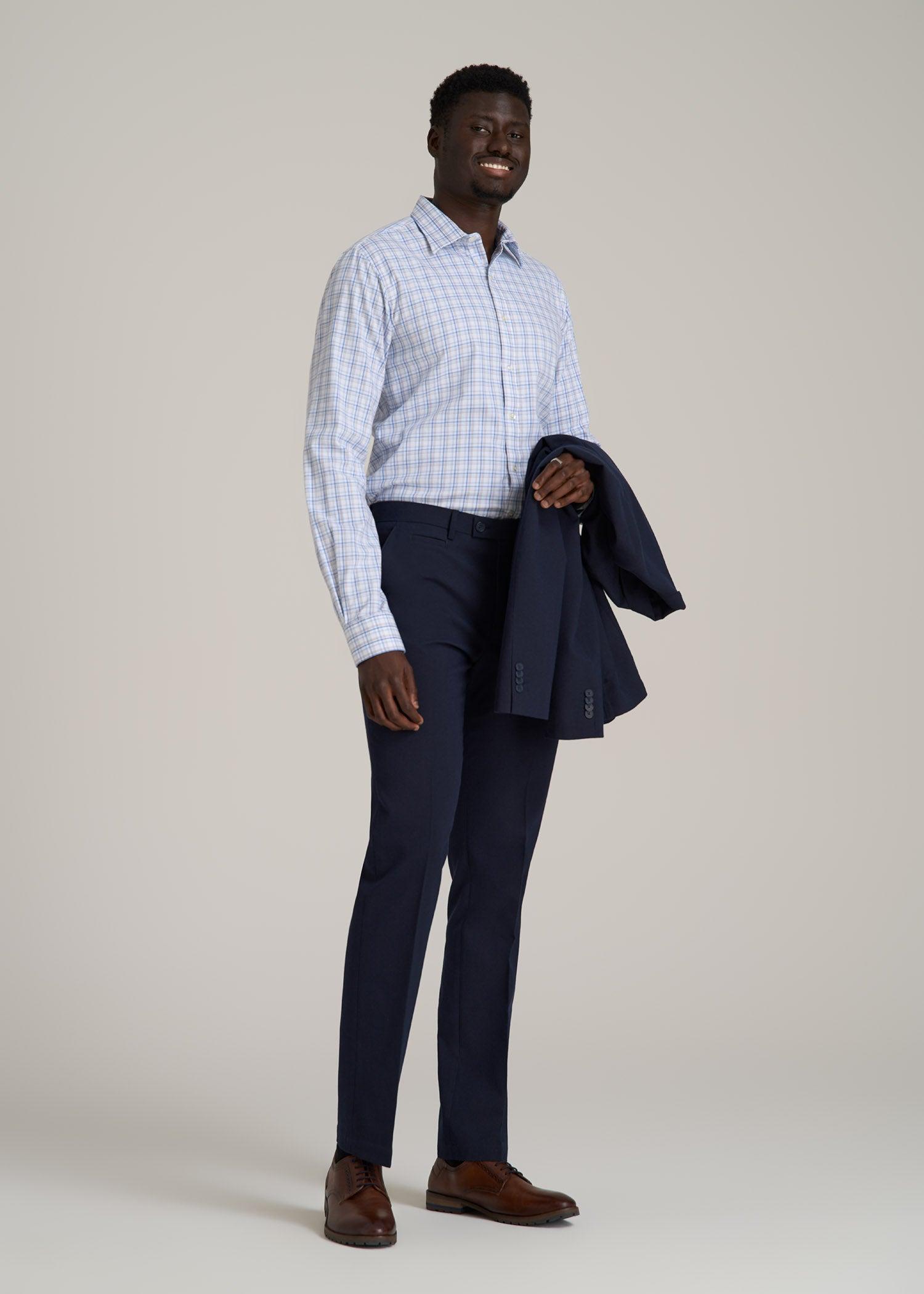 Oskar Button-Up Dress Shirt for Tall Men in Soft Blue and Beige Plaid Product Image