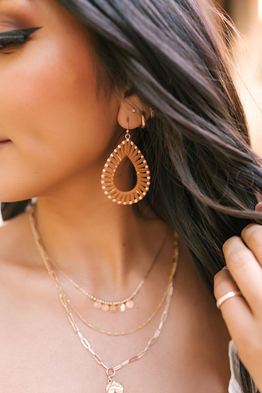 Brown Faux Leather Teardrop Earrings Product Image