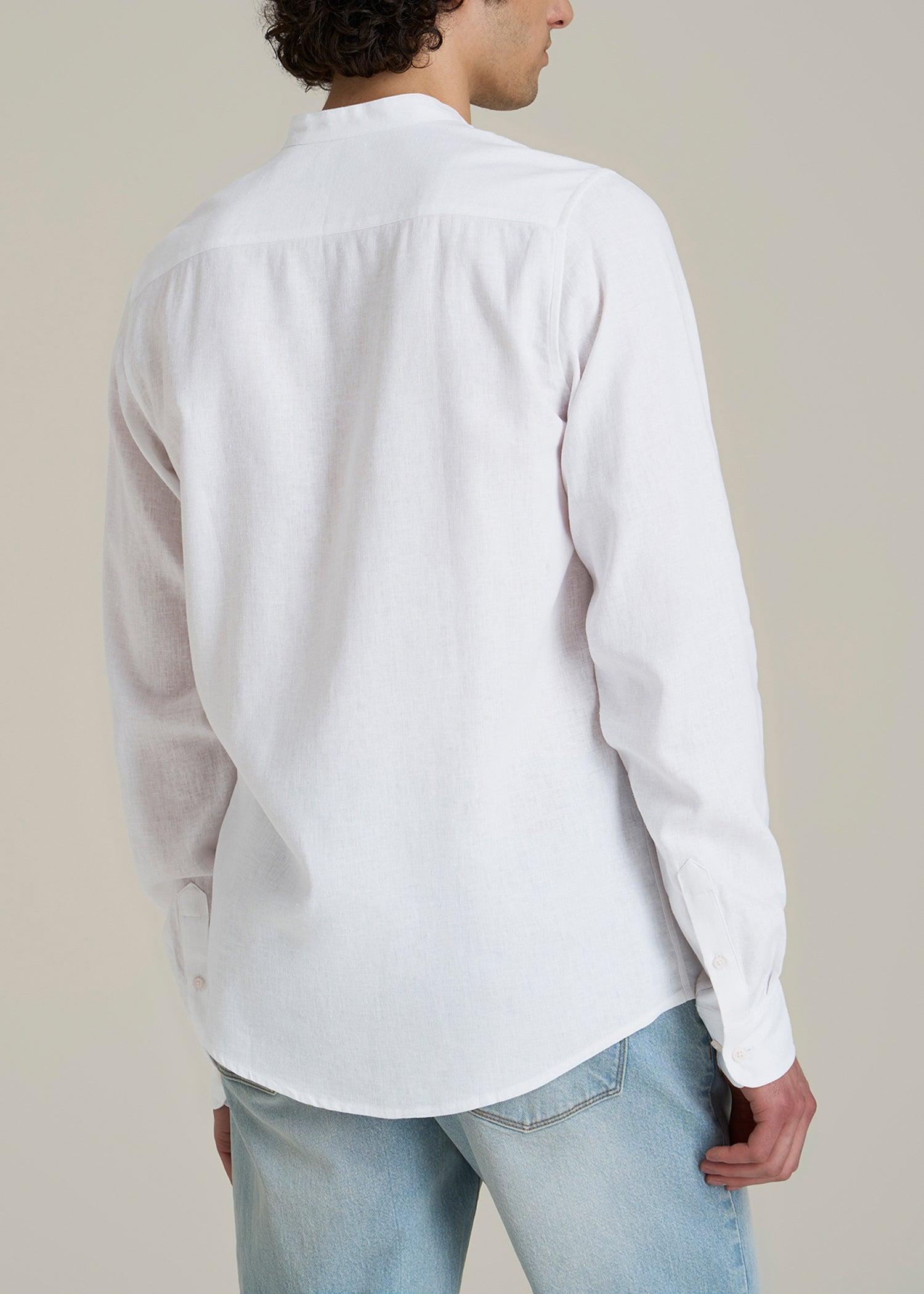 Band Collar Linen Button Shirt for Tall Men in Optic White Male Product Image