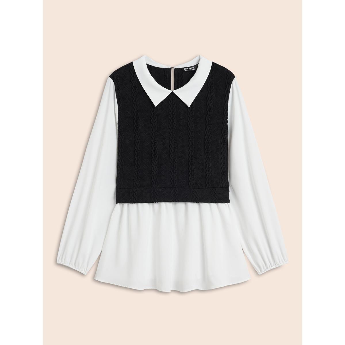 Plus Size Originalwhite Peter Pan Collar Patchwork Contrast Blouse Women Elegant Long Sleeve Peter Pan collar Everyday Blouses BloomChic 14-16/1X Product Image