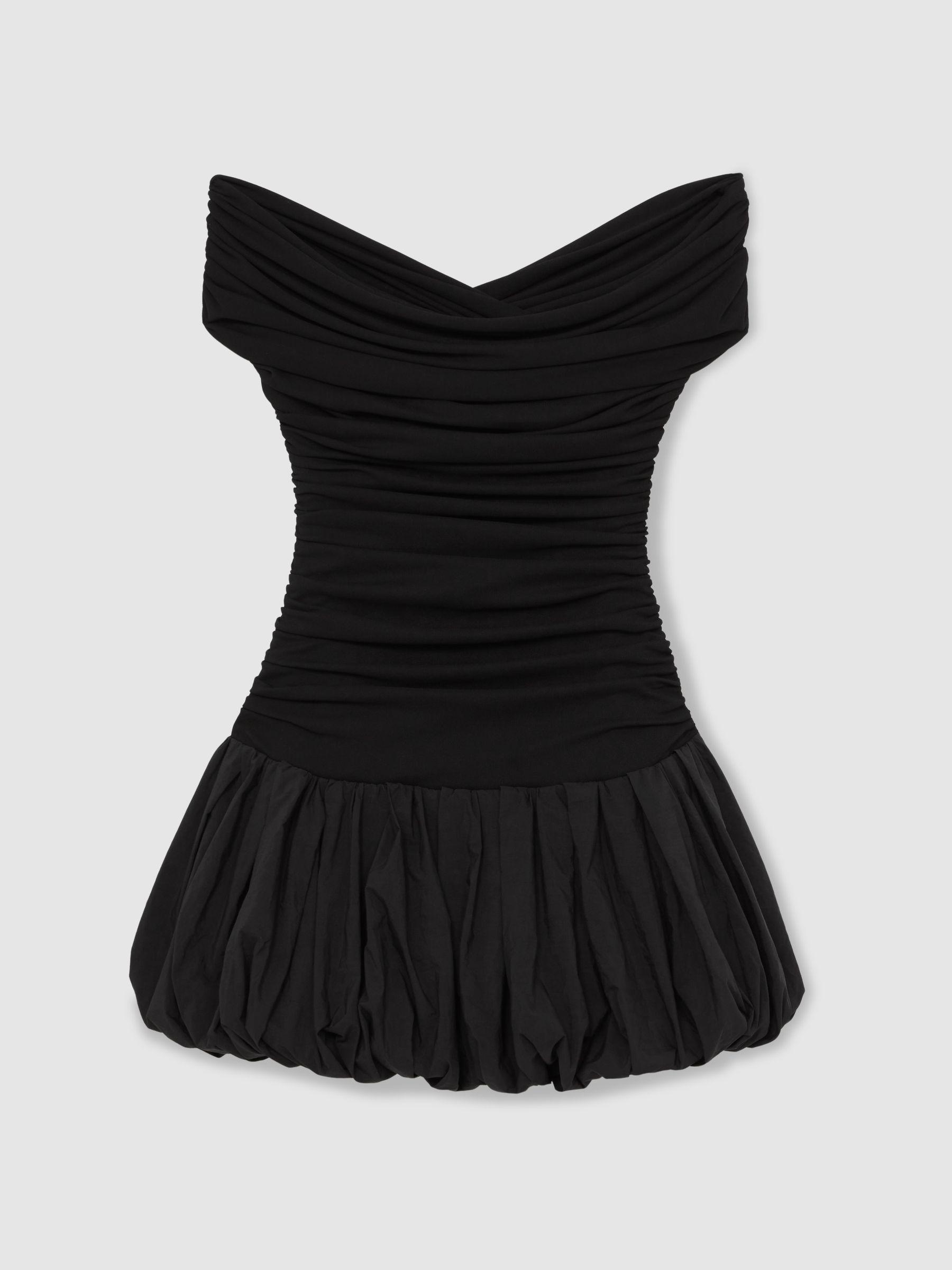 Off-Shoulder Puffball Mini Dress in Black Product Image