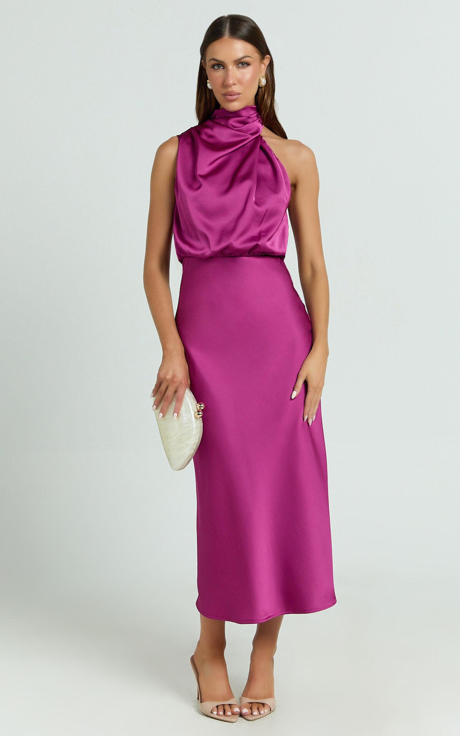 Minnie Midi Dress - Drape Neck Satin Slip Dress in Purple Product Image