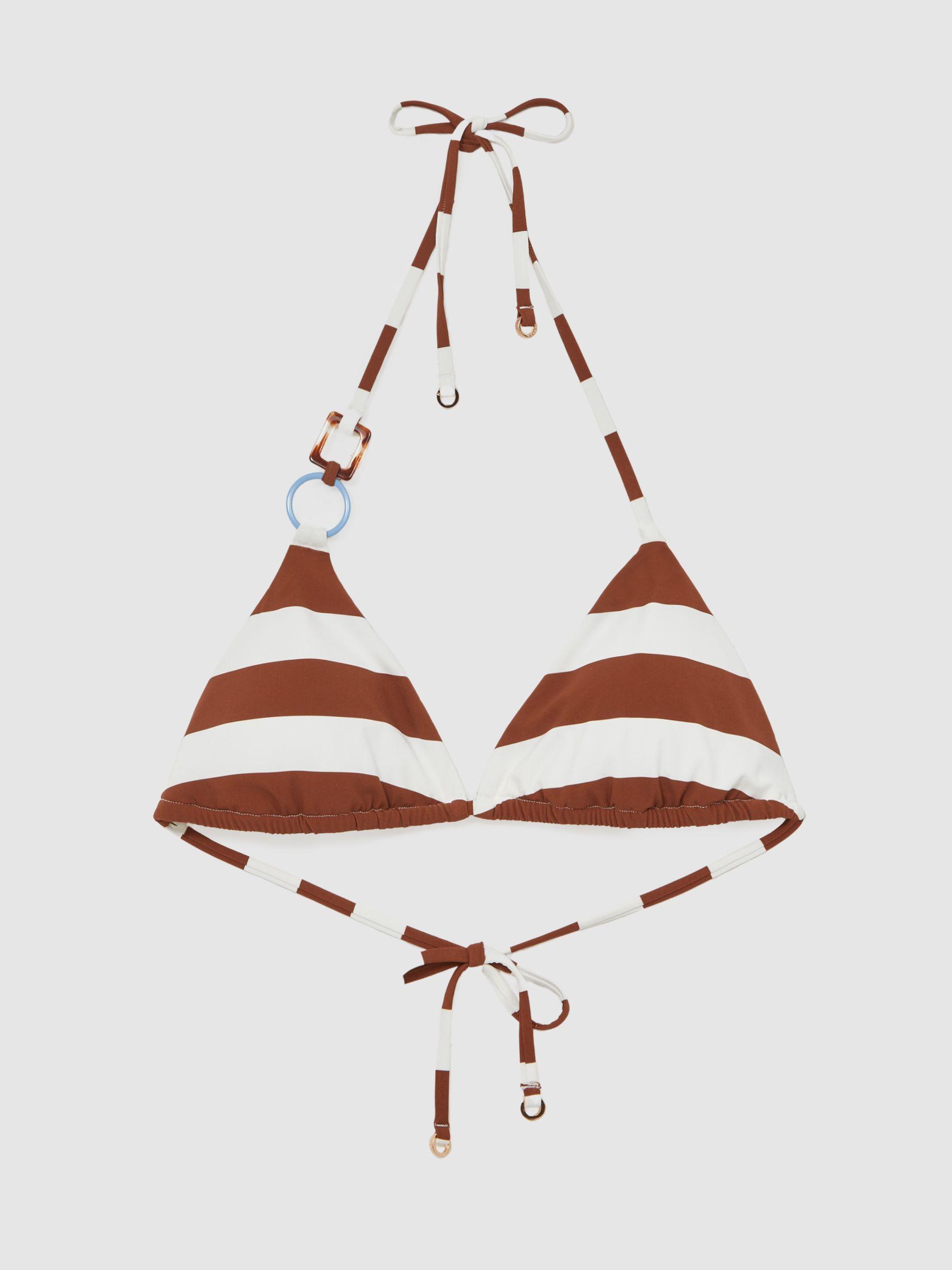 Stripe Halterneck Triangle Bikini Top in Navy/Brown Product Image