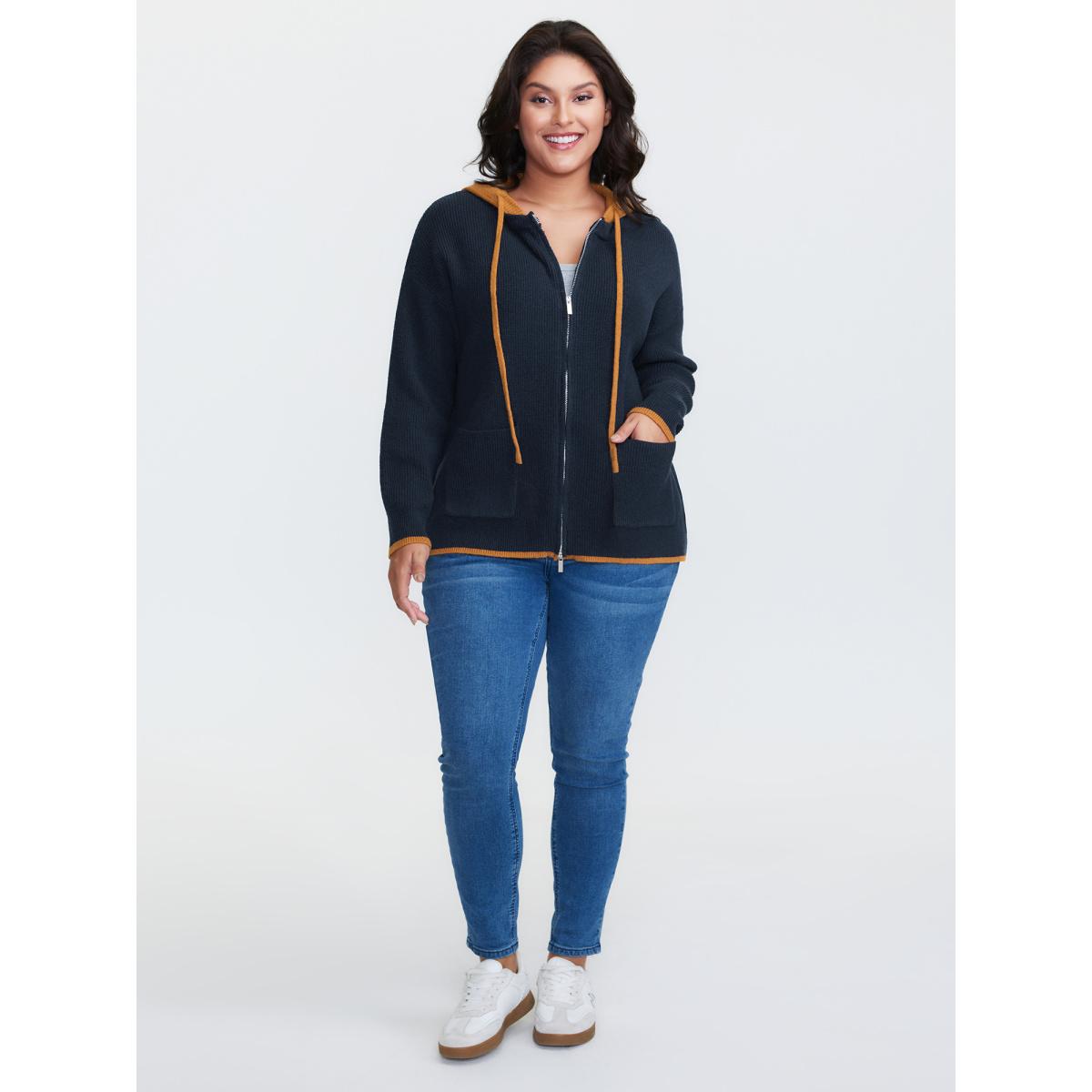 Plus Size Contrast Hooded Zipper Front Pocketed Cardigan Midnight Women Leisure Loose Long Sleeve Casual Cardigans BloomChic 26/4X Product Image