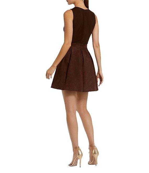 Mac Duggal Sleeveless Mixed Media Mesh Bodice Suede Skirt Fit & Flare Mini Dress Product Image
