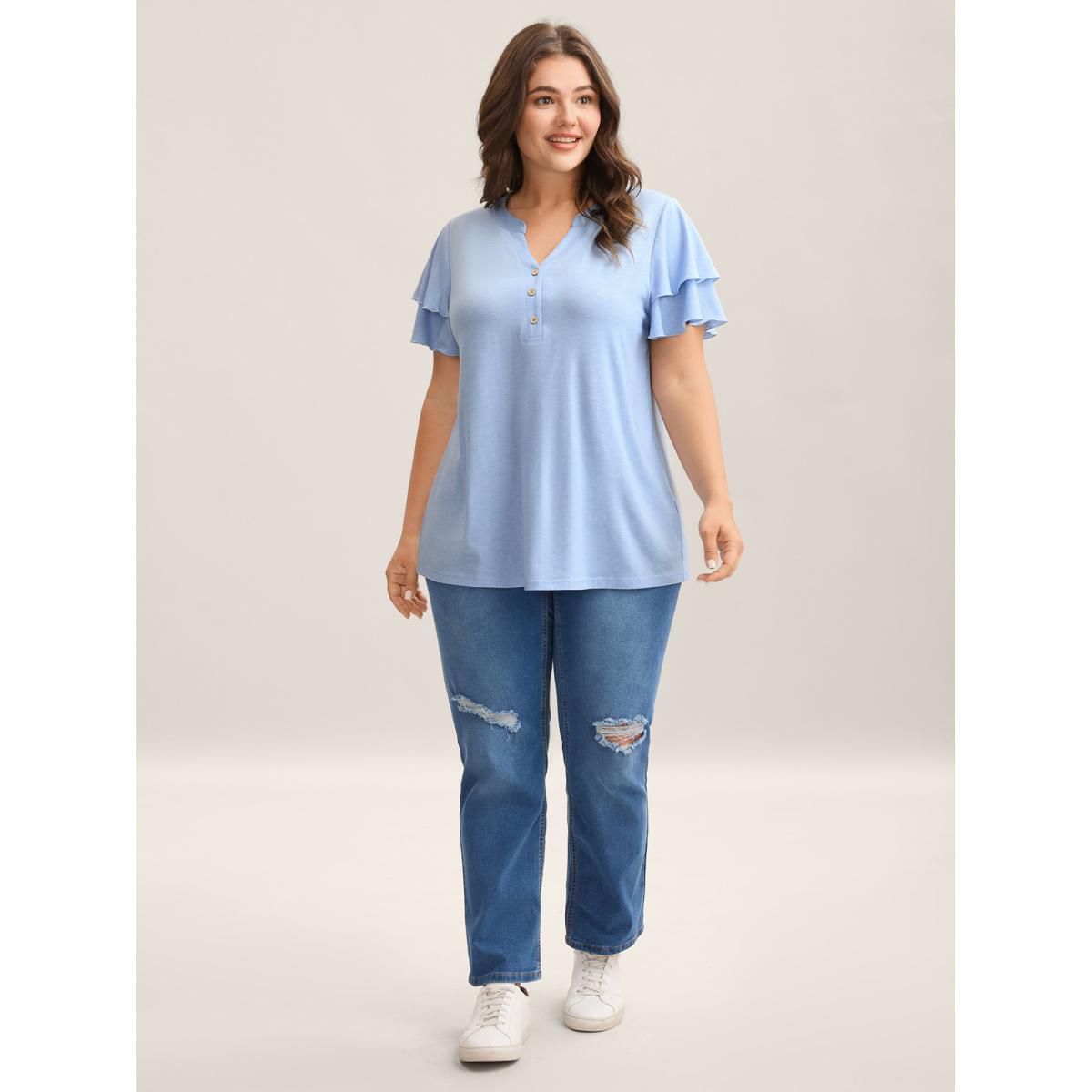 Plus Size Layered Lotus Leaf Sleeve Plain T-Shirt LightBlue Women Leisure Button Notched collar Casual T-shirts BloomChic 22-24/3X Product Image